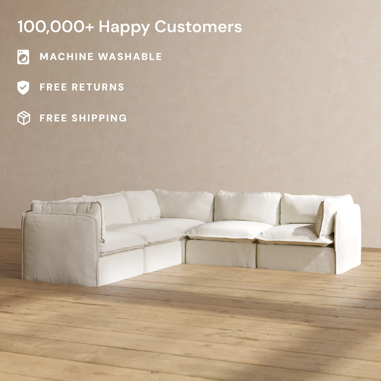 Modular Washable 5-Seater Corner Sectional in Eggshell | Deluxe+ Seat | Cloud Pillow - Image 2