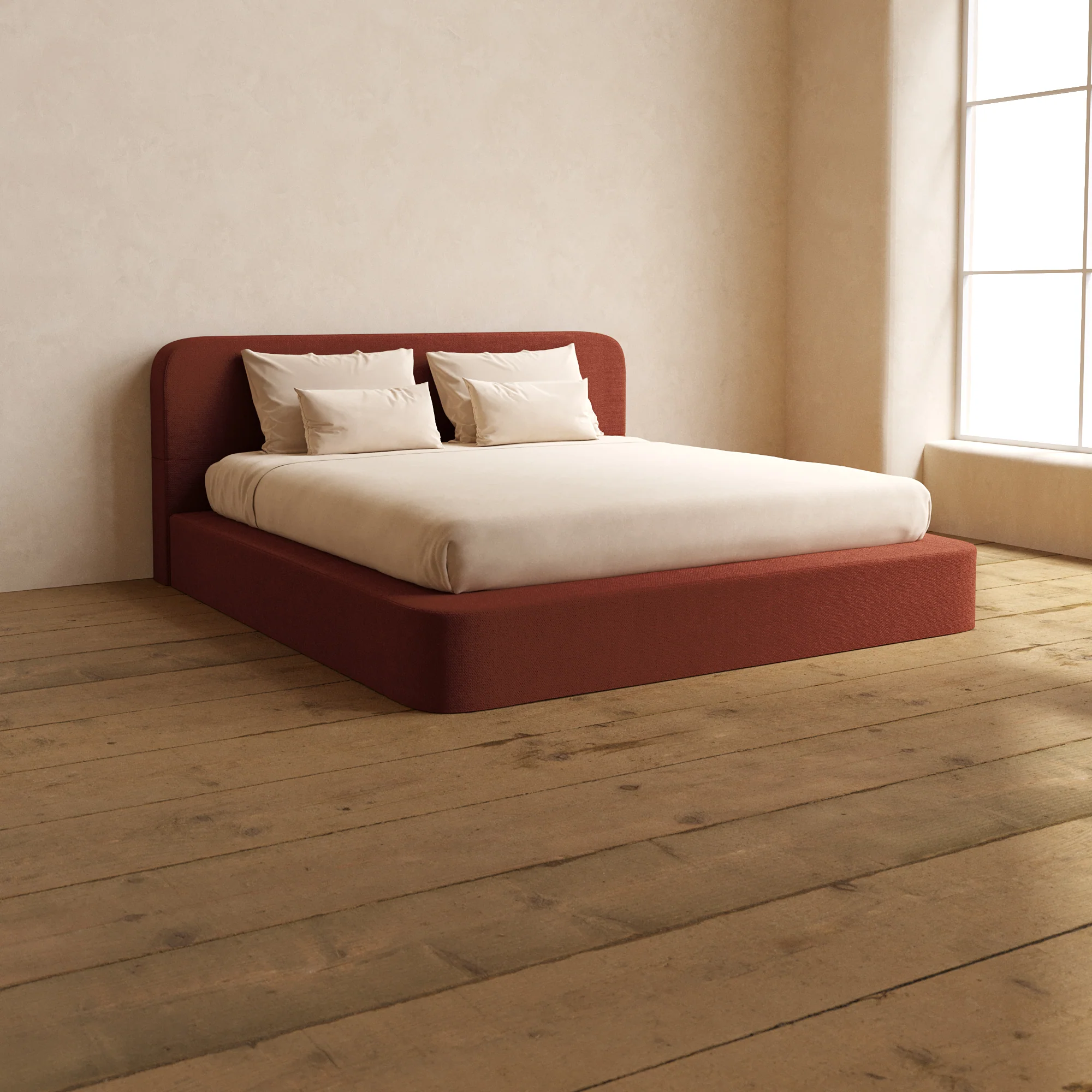 King Upholstered Platform Bed + Headboard | Knit Velvet in Rust