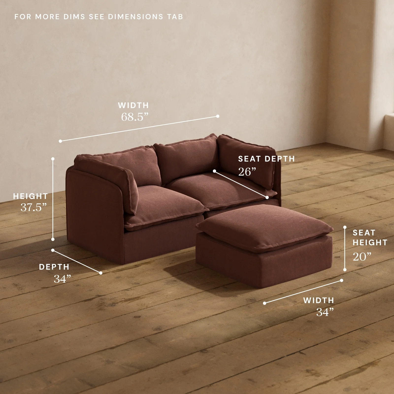 Modular Washable 2-Seater + Ottoman in Chestnut | Deluxe+ Seat | Cloud Pillow - Image 5