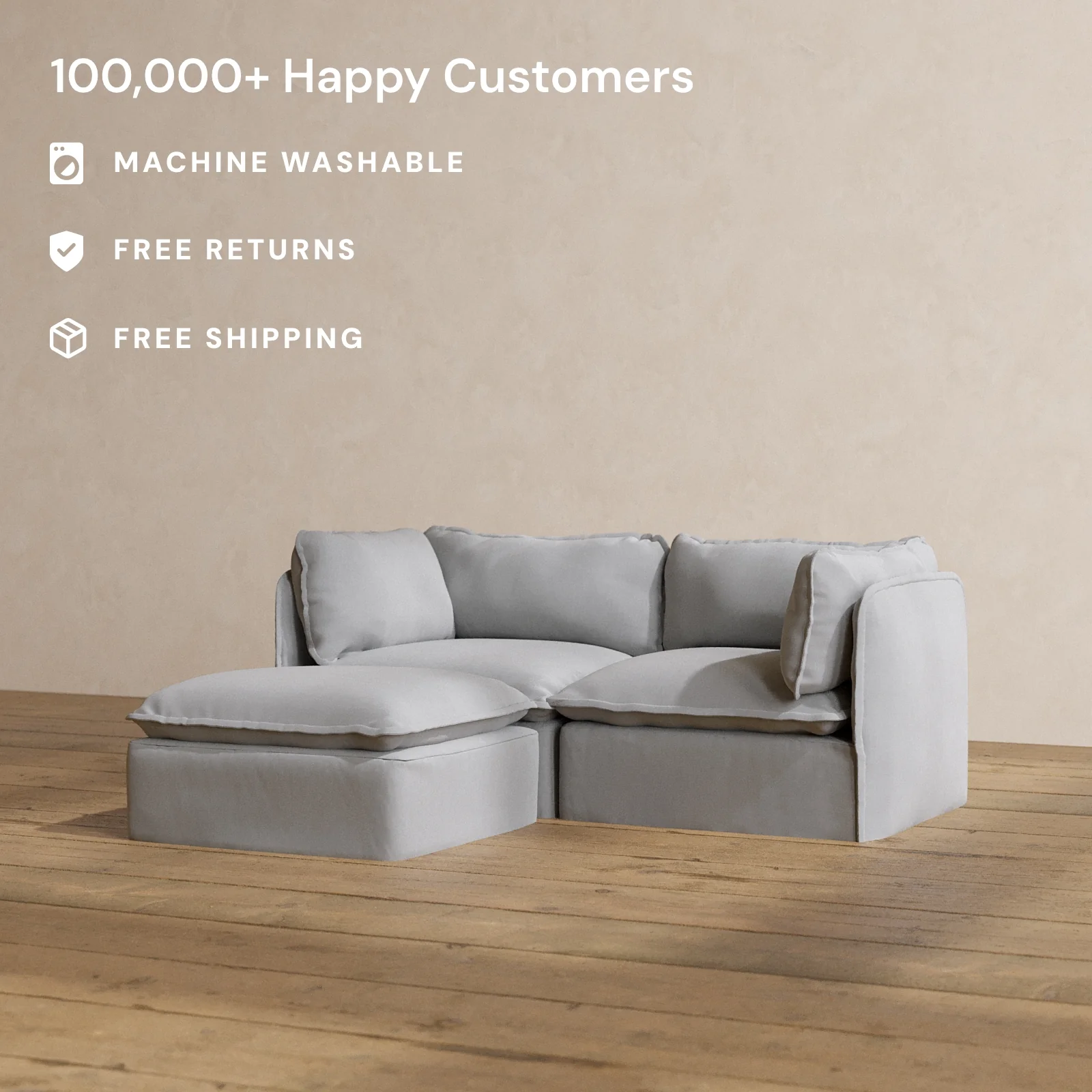 Modular Washable 2-Seater Sectional in Pumice | Deluxe+ Seat | Cloud Pillow - Image 2