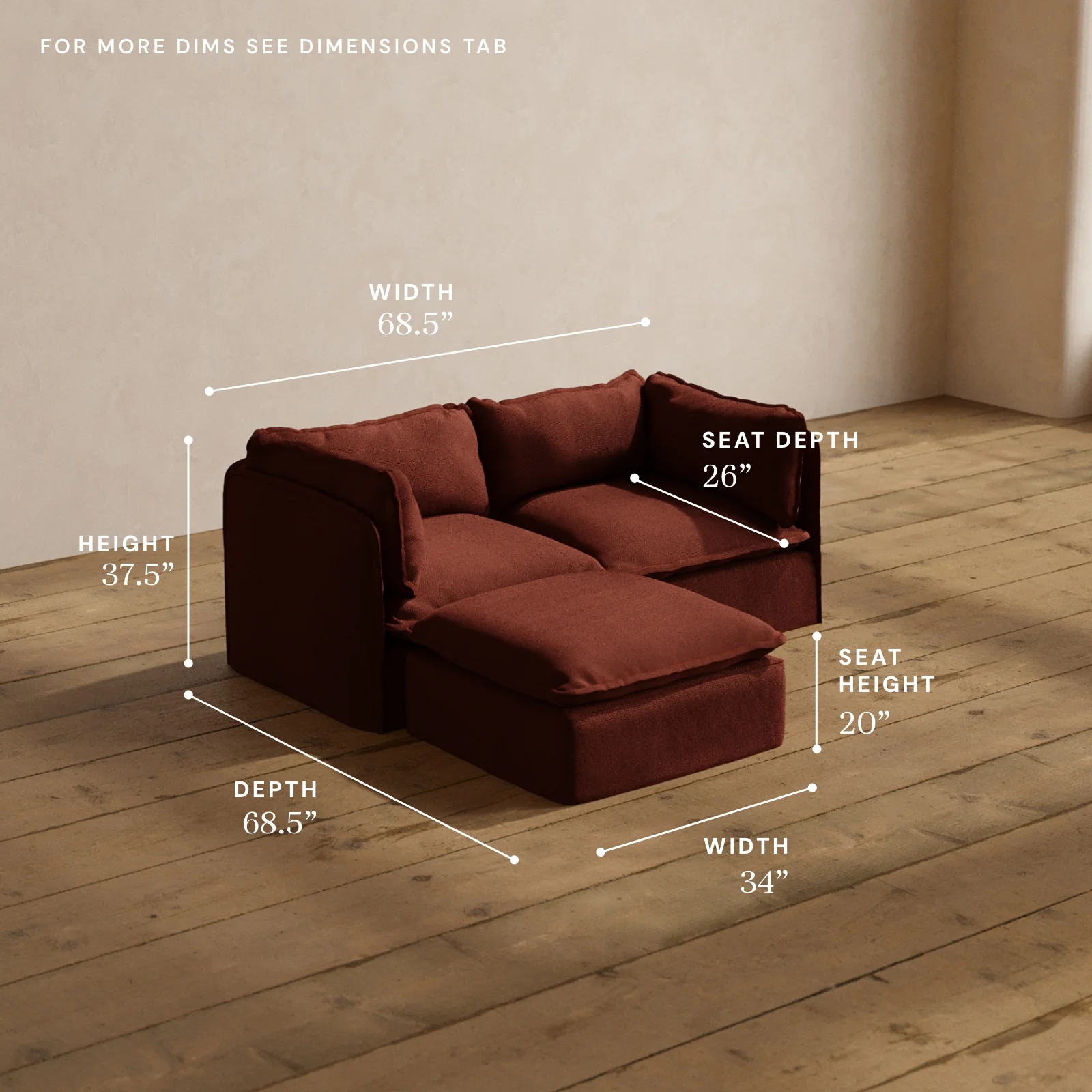 Modular Washable 2-Seater Sectional in Rust | Deluxe+ Seat | Cloud Pillow - Image 5