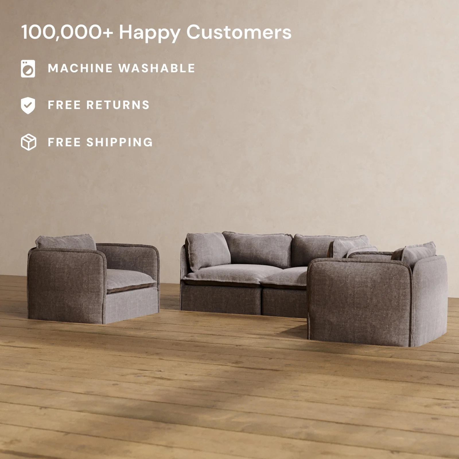 Modular Washable 2-Seater Sofa + Armchair Set in Caviar | Memorix+ Seat | Contour Pillow - Image 2