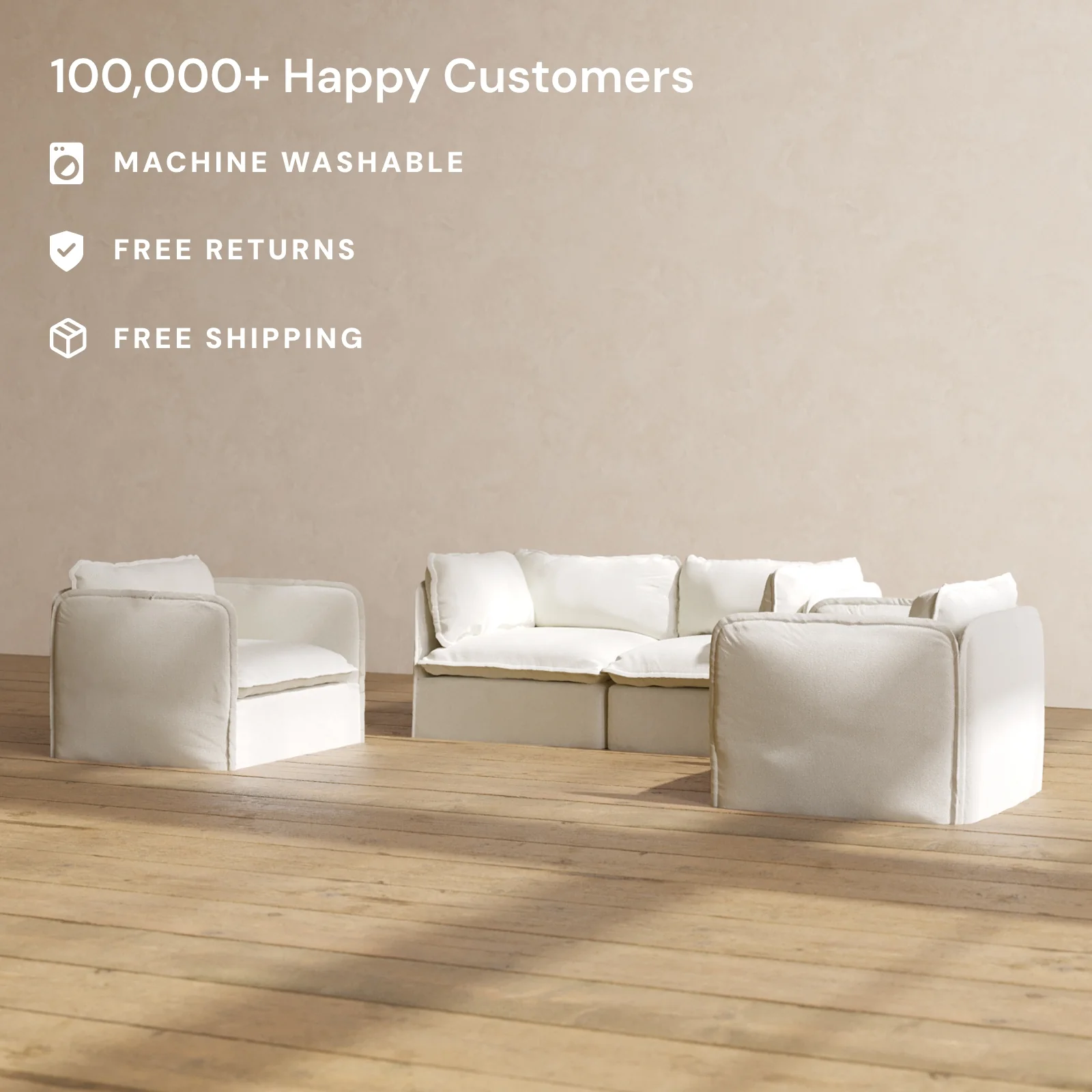 Modular Washable 2-Seater Sofa + Armchair Set in Eggshell | Memorix+ Seat | Contour Pillow - Image 2
