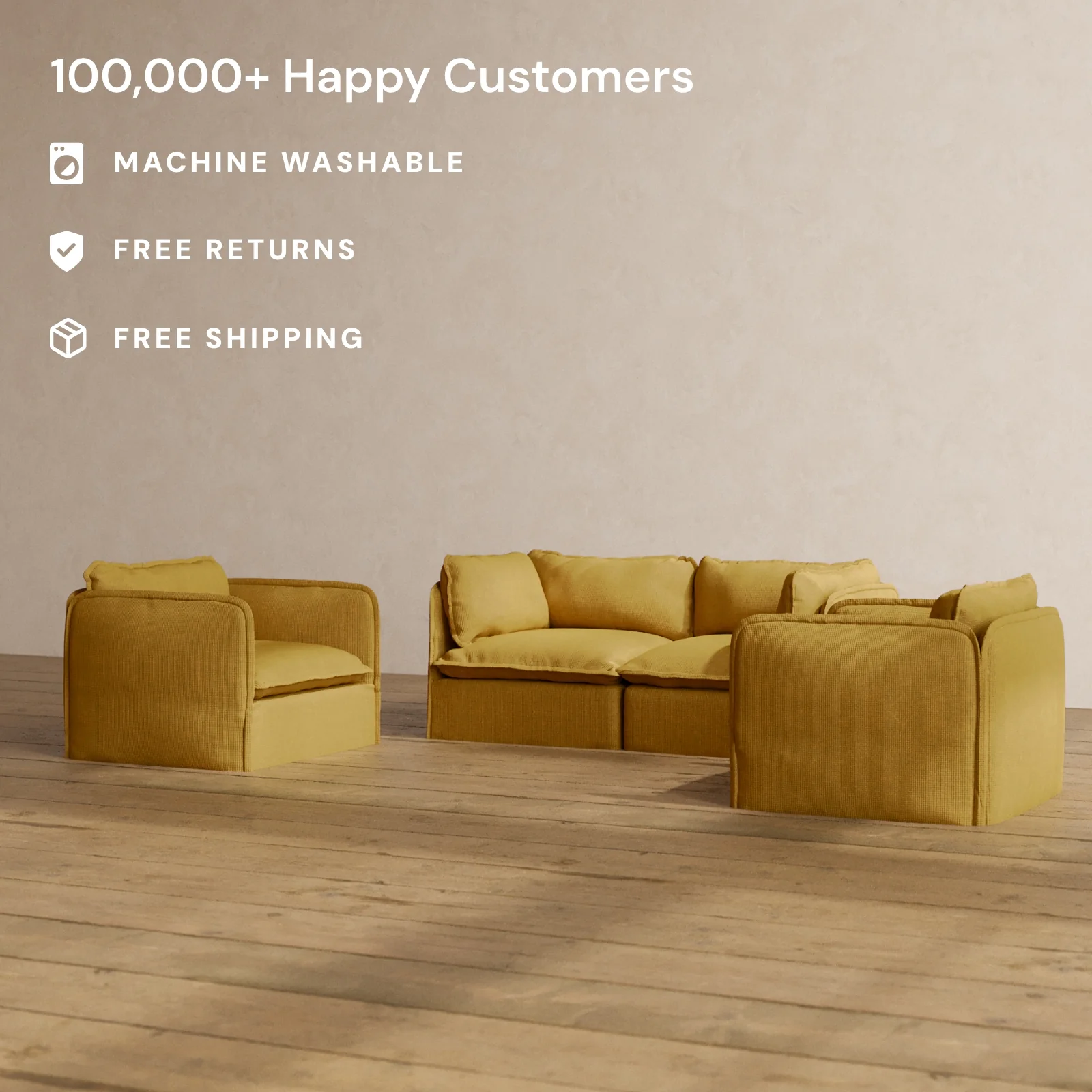 Modular Washable 2-Seater Sofa + Armchair Set in Kiiro | Deluxe+ Seat | Cloud Pillow - Image 2