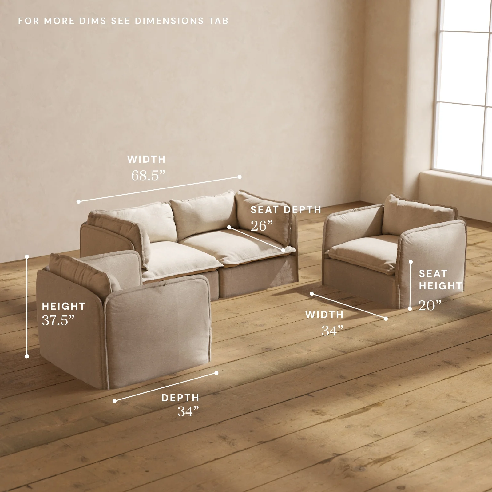 Modular Washable 2-Seater Sofa + Armchair Set in Oat | Deluxe+ Seat | Cloud Pillow - Image 5