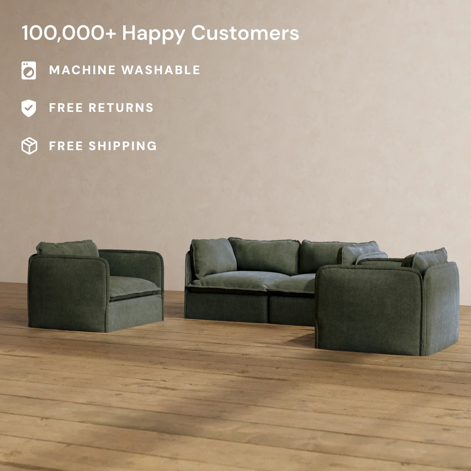 Modular Washable 2-Seater Sofa + Armchair Set in Olivine | Deluxe+ Seat | Cloud Pillow - Image 2