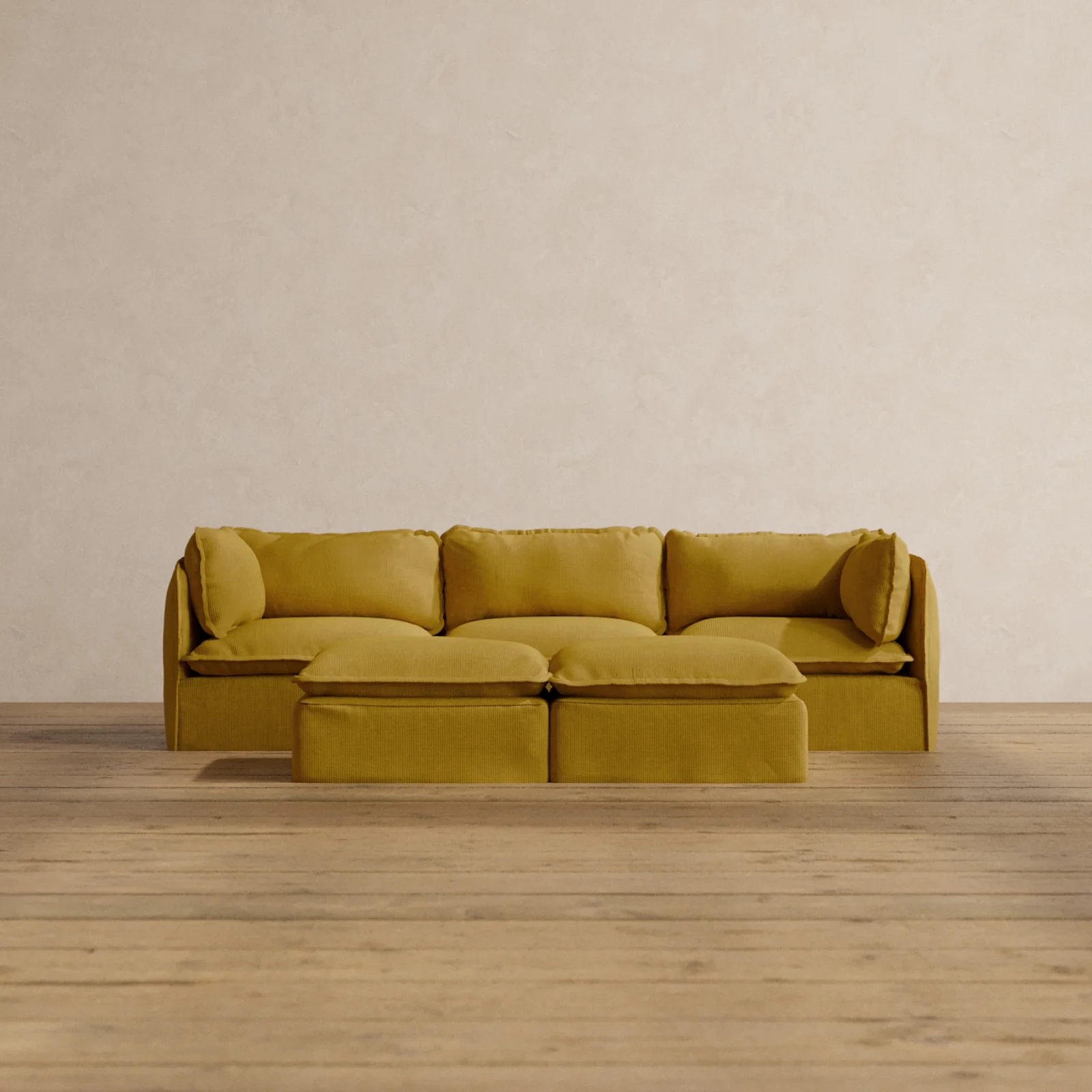 Modular Washable 3-Seater + Bench Ottoman in Kiiro | Deluxe+ Seat | Cloud Pillow