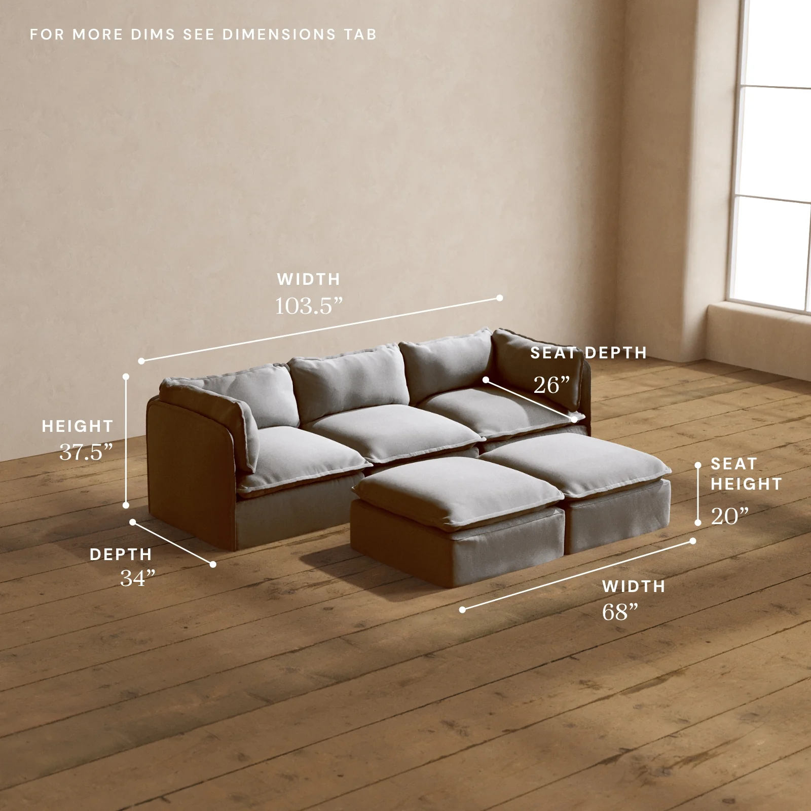 Modular Washable 3-Seater + Bench Ottoman in Pumice | Deluxe+ Seat | Cloud Pillow - Image 5