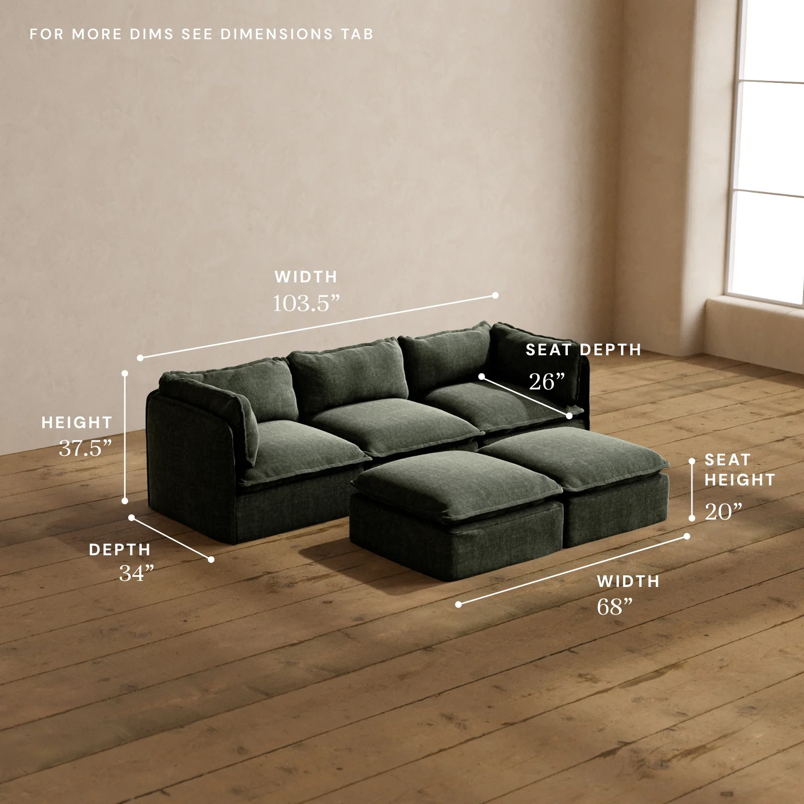 Modular Washable 3-Seater + Bench Ottoman in Willow | Deluxe+ Seat | Cloud Pillow - Image 5