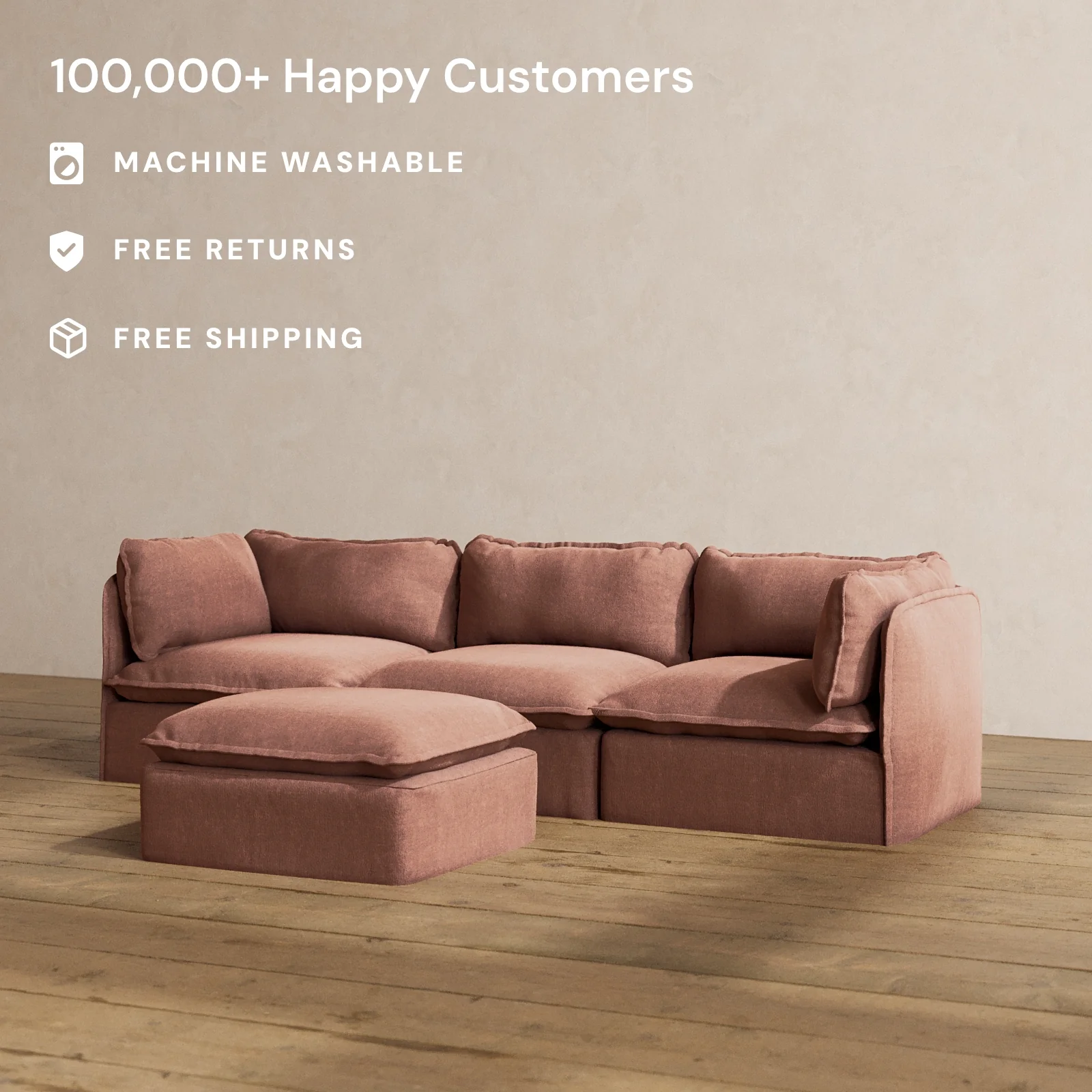 Modular Washable 3-Seater + Ottoman in Chestnut | Deluxe+ Seat | Cloud Pillow - Image 2