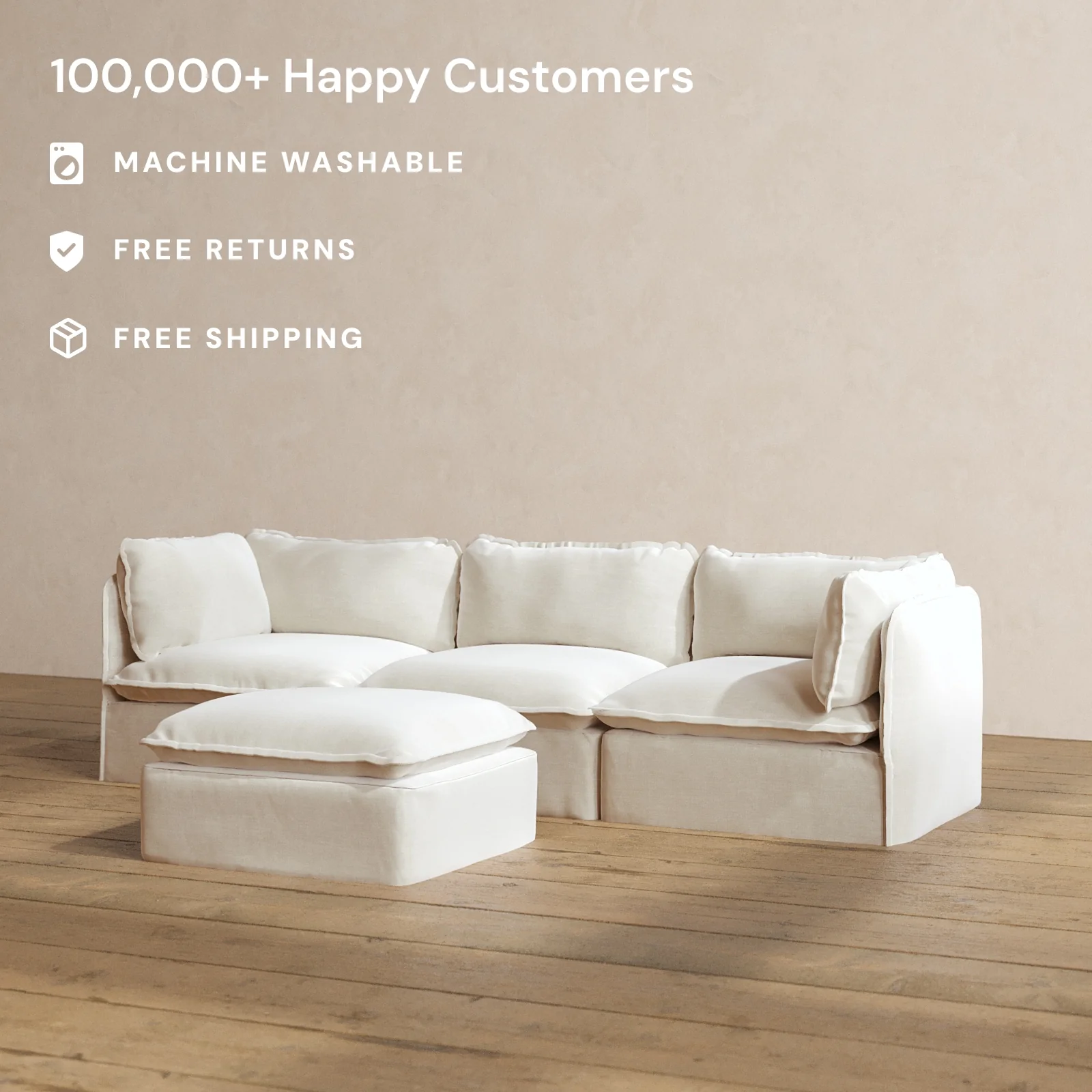 Modular Washable 3-Seater + Ottoman in Coco | Deluxe+ Seat | Cloud Pillow - Image 2