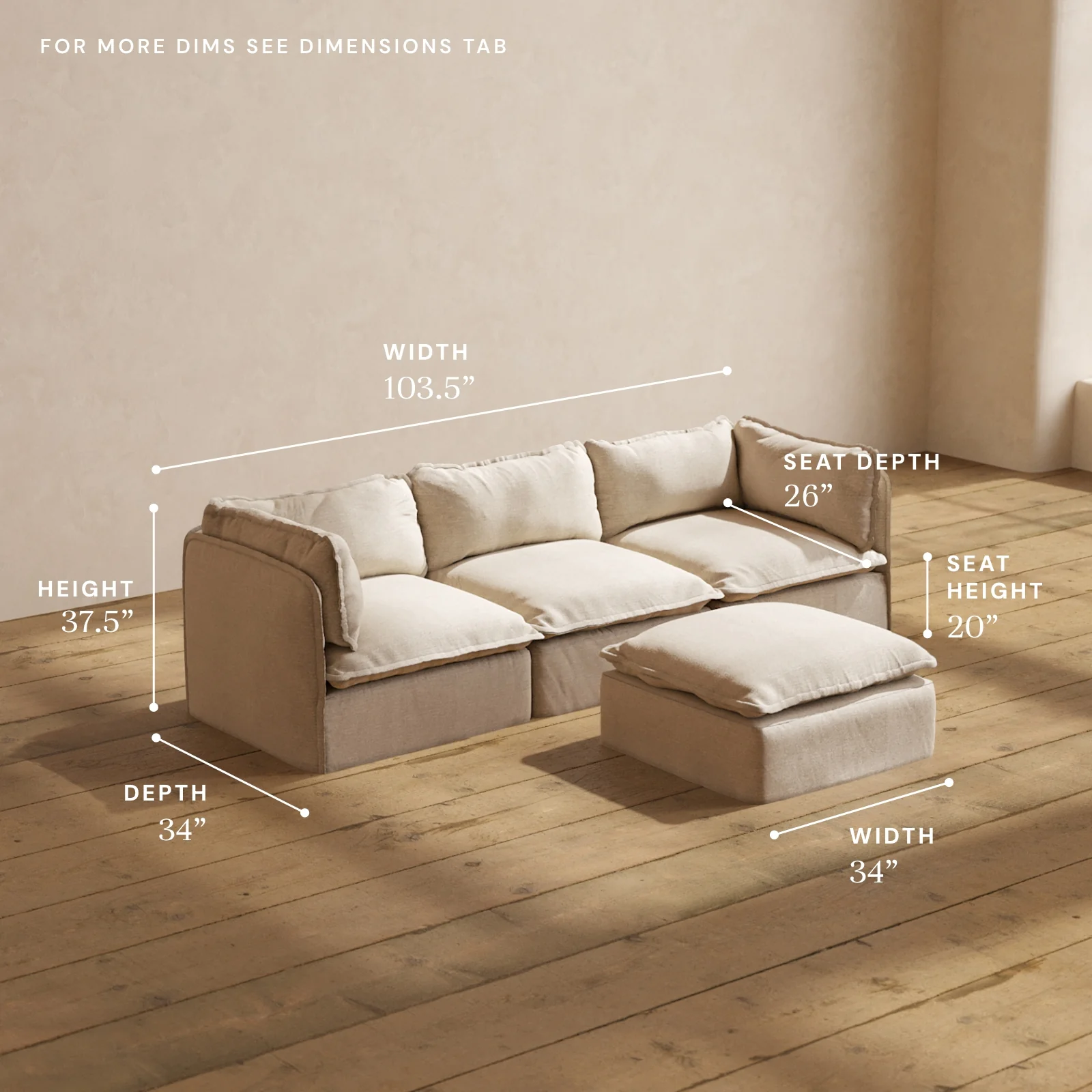 Modular Washable 3-Seater + Ottoman in Oat | Memorix+ Seat | Contour Pillow - Image 5