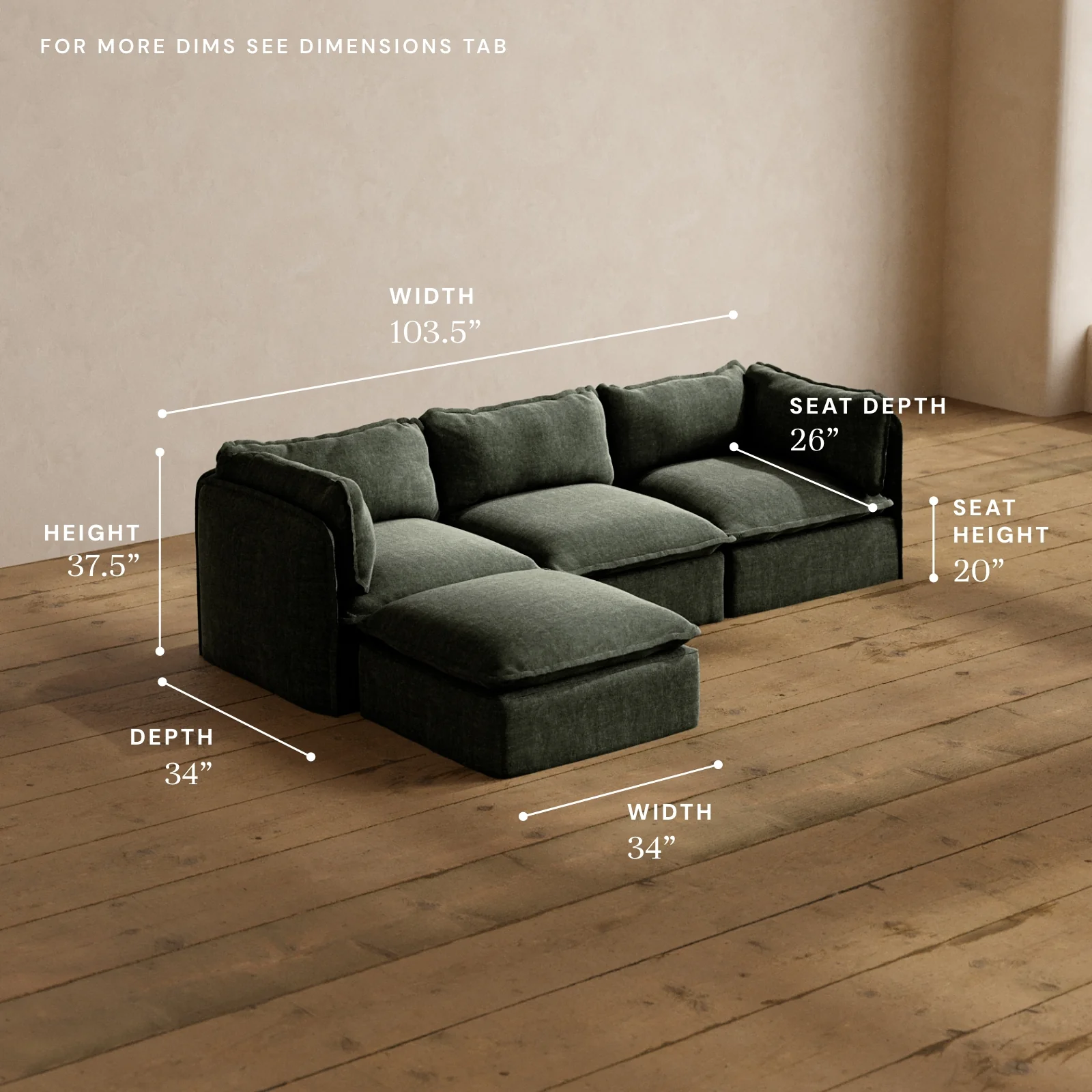 Modular Washable 3-Seater Sectional in Willow | Deluxe+ Seat | Cloud Pillow - Image 5