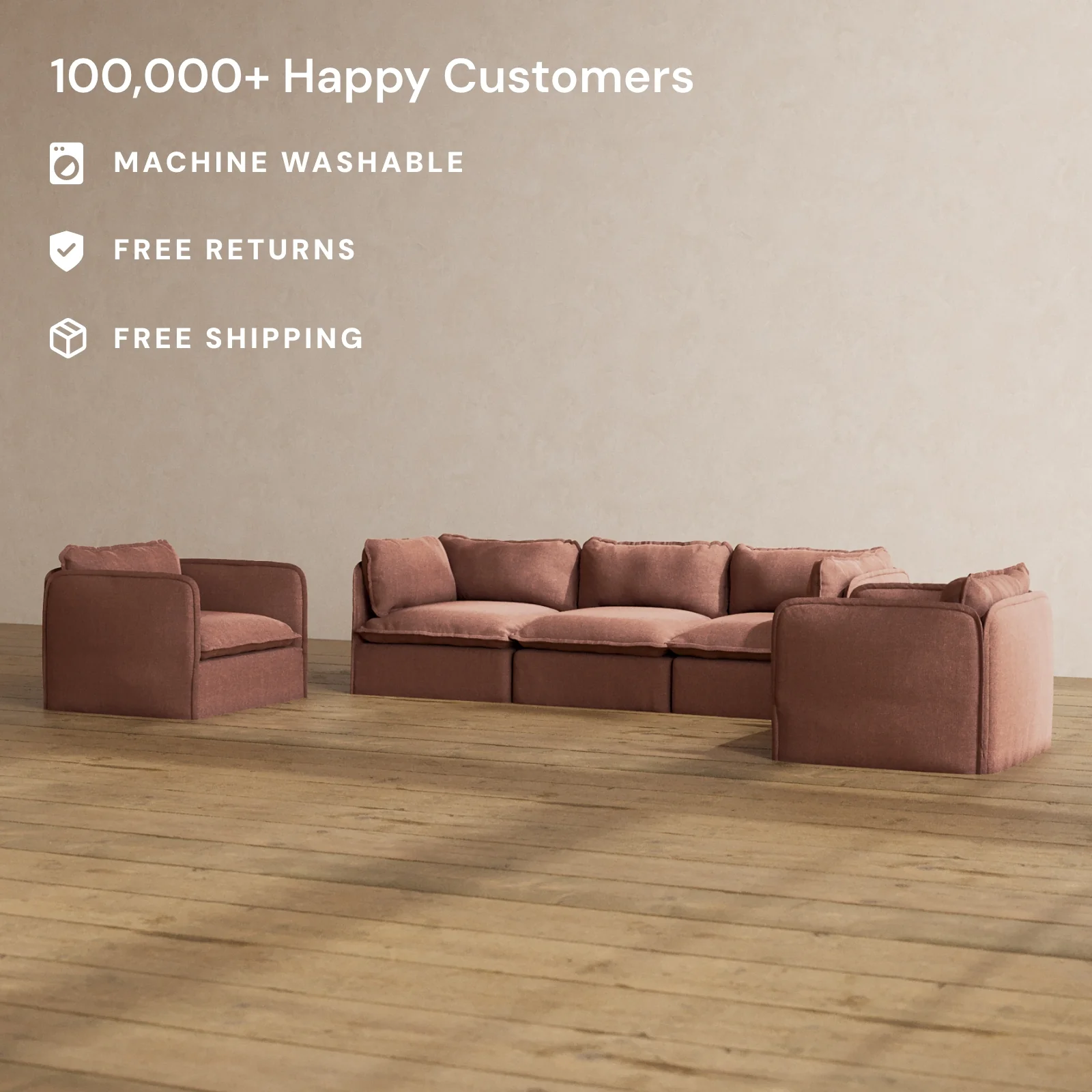 Modular Washable 3-Seater Sofa + Armchair Set in Chestnut | Memorix+ Seat | Contour Pillow - Image 2