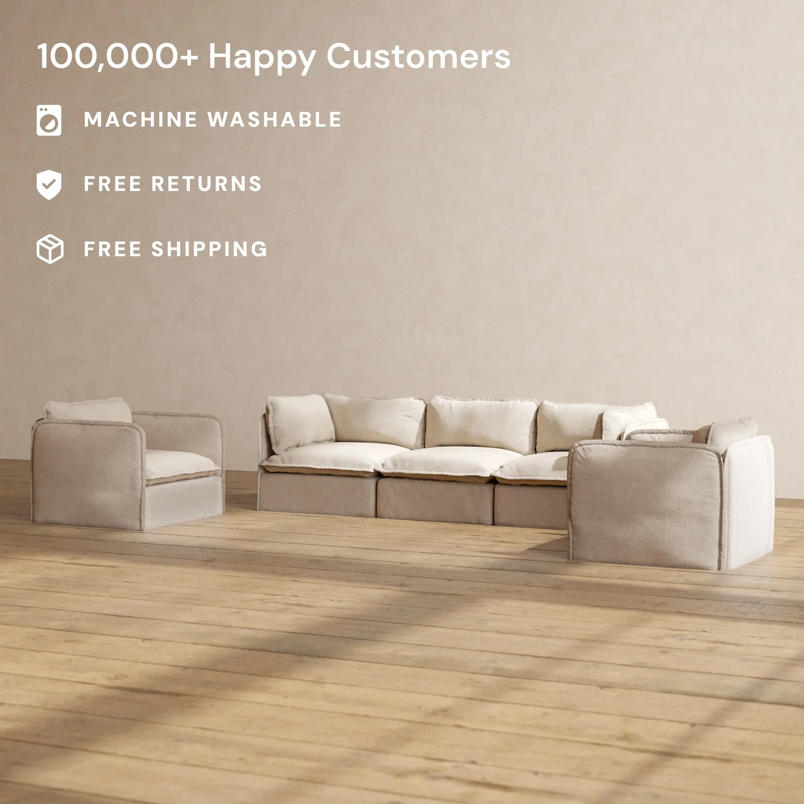 Modular Washable 3-Seater Sofa + Armchair Set in Oat | Memorix+ Seat | Contour Pillow - Image 2