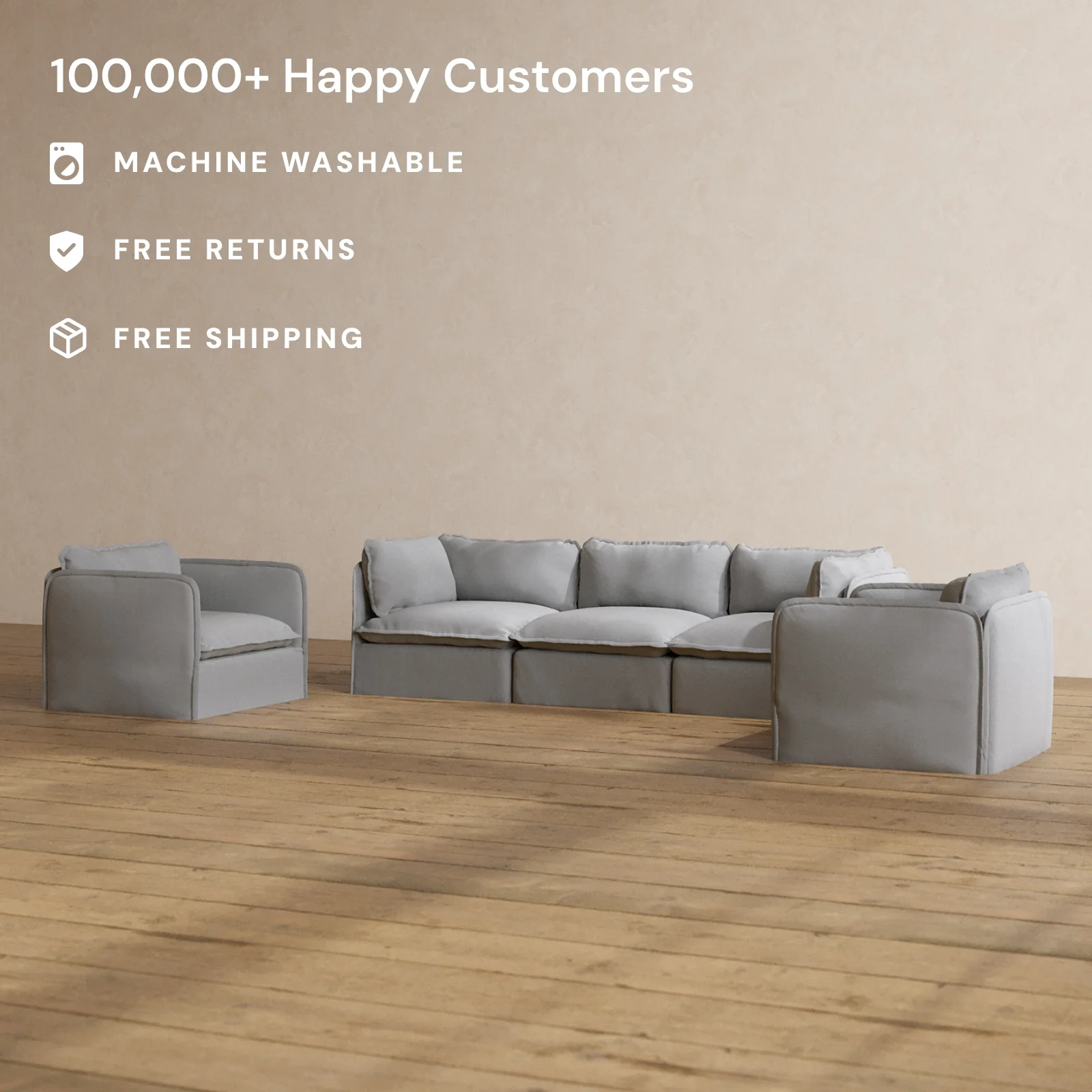 Modular Washable 3-Seater Sofa + Armchair Set in Pumice | Deluxe+ Seat | Cloud Pillow - Image 2