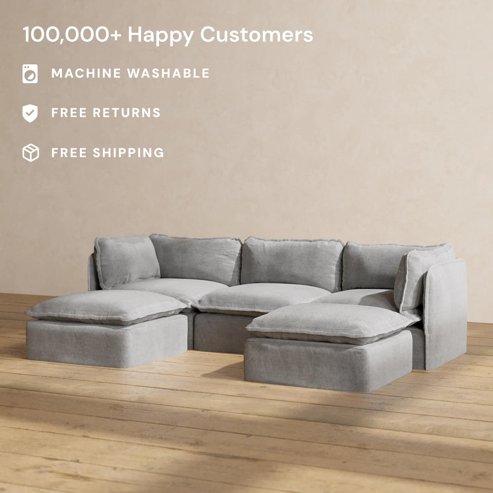 Modular Washable 3-Seater U-Sectional in Ash | Deluxe+ Seat | Cloud Pillow - Image 2