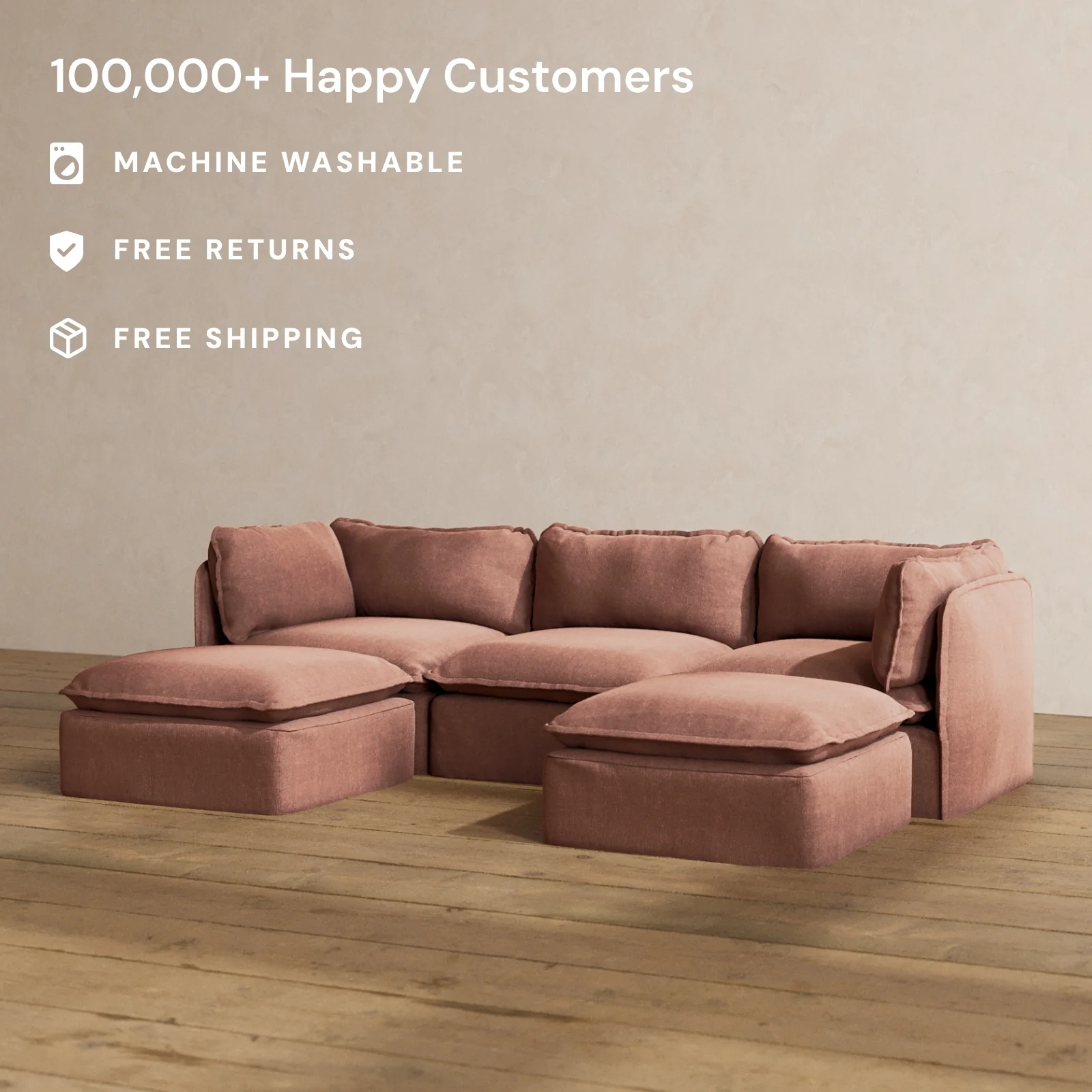 Modular Washable 3-Seater U-Sectional in Chestnut | Memorix+ Seat | Contour Pillow - Image 2