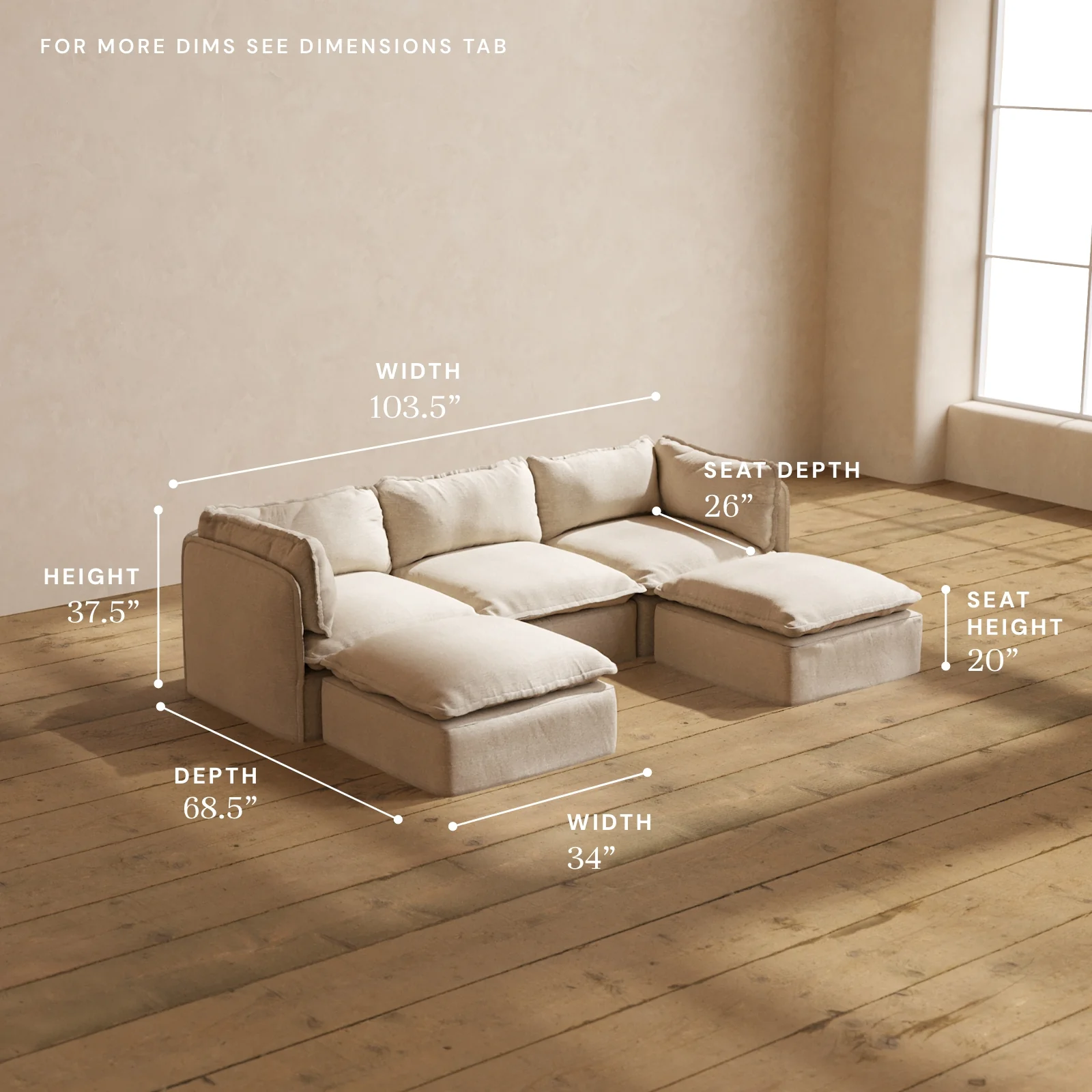 Modular Washable 3-Seater U-Sectional in Oat | Deluxe+ Seat | Cloud Pillow - Image 5