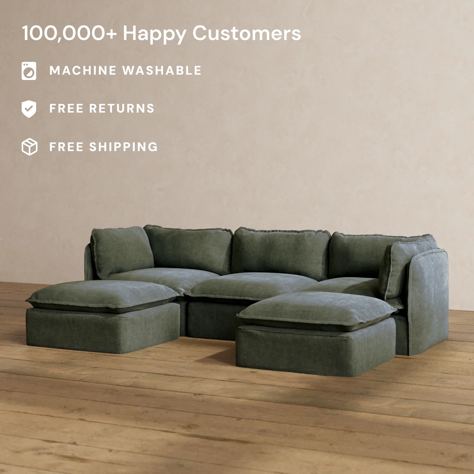 Modular Washable 3-Seater U-Sectional in Olivine | Memorix+ Seat | Contour Pillow - Image 2
