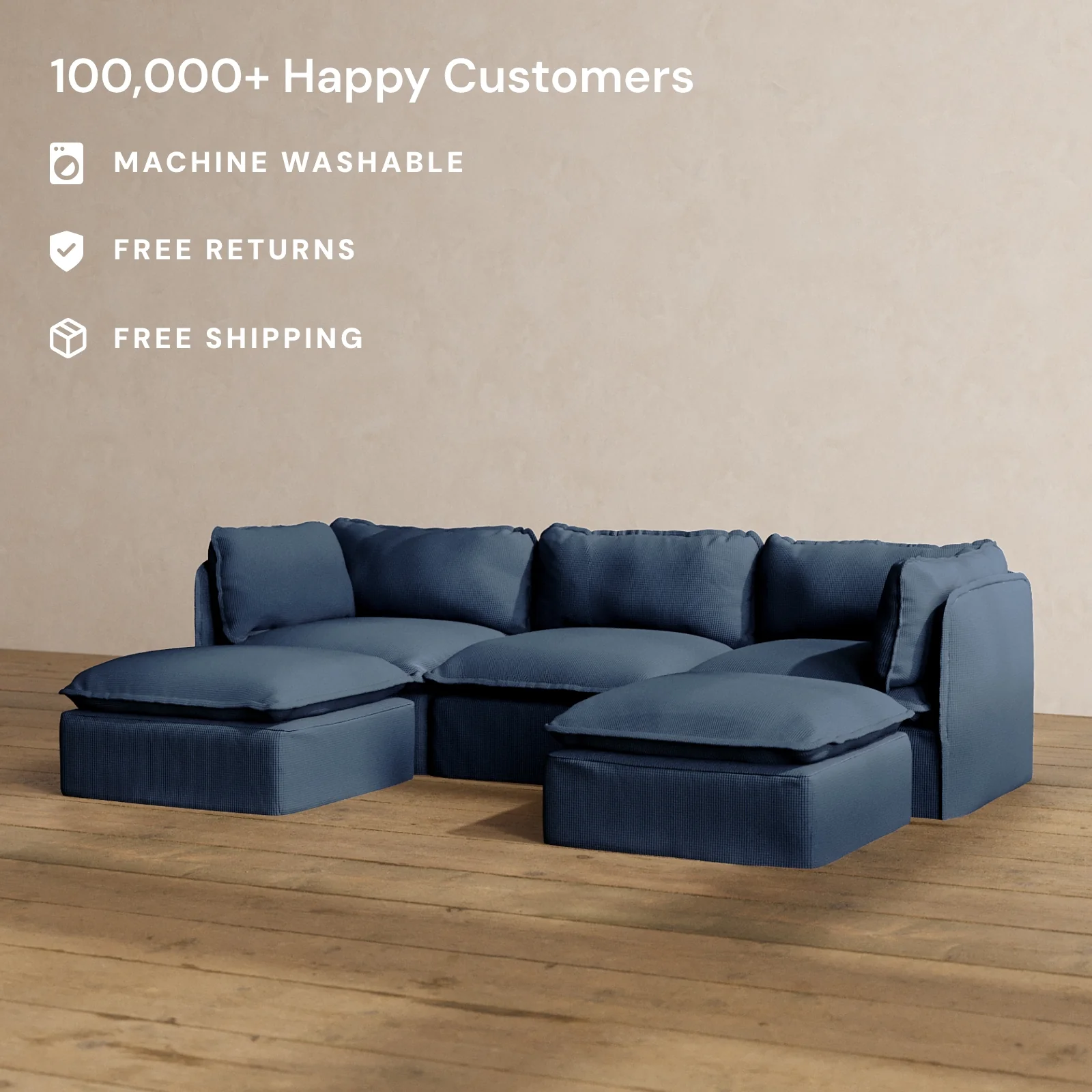 Modular Washable 3-Seater U-Sectional in Sumi | Deluxe+ Seat | Cloud Pillow - Image 2