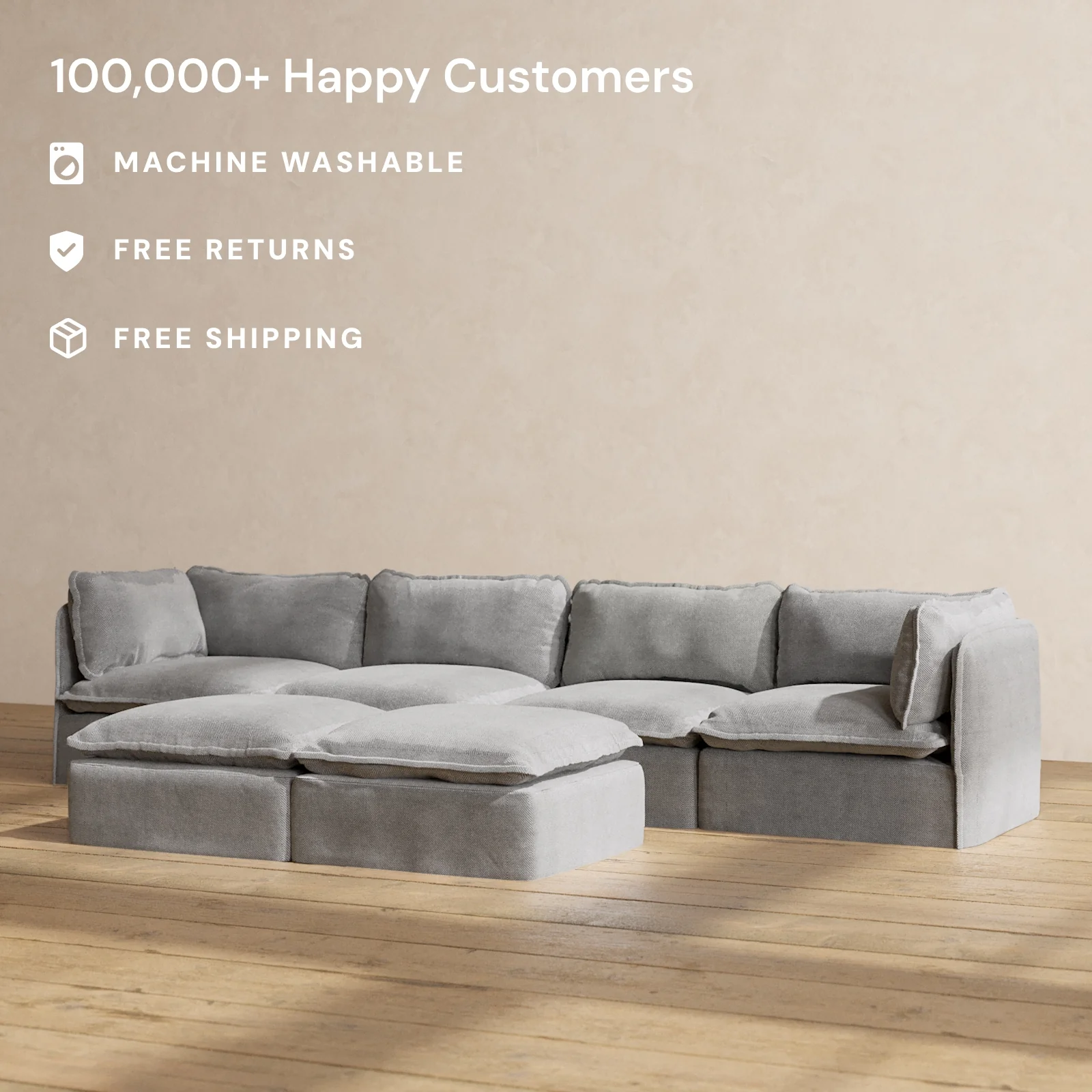 Modular Washable 4-Seater + Bench Ottoman in Ash | Deluxe+ Seat | Cloud Pillow - Image 2
