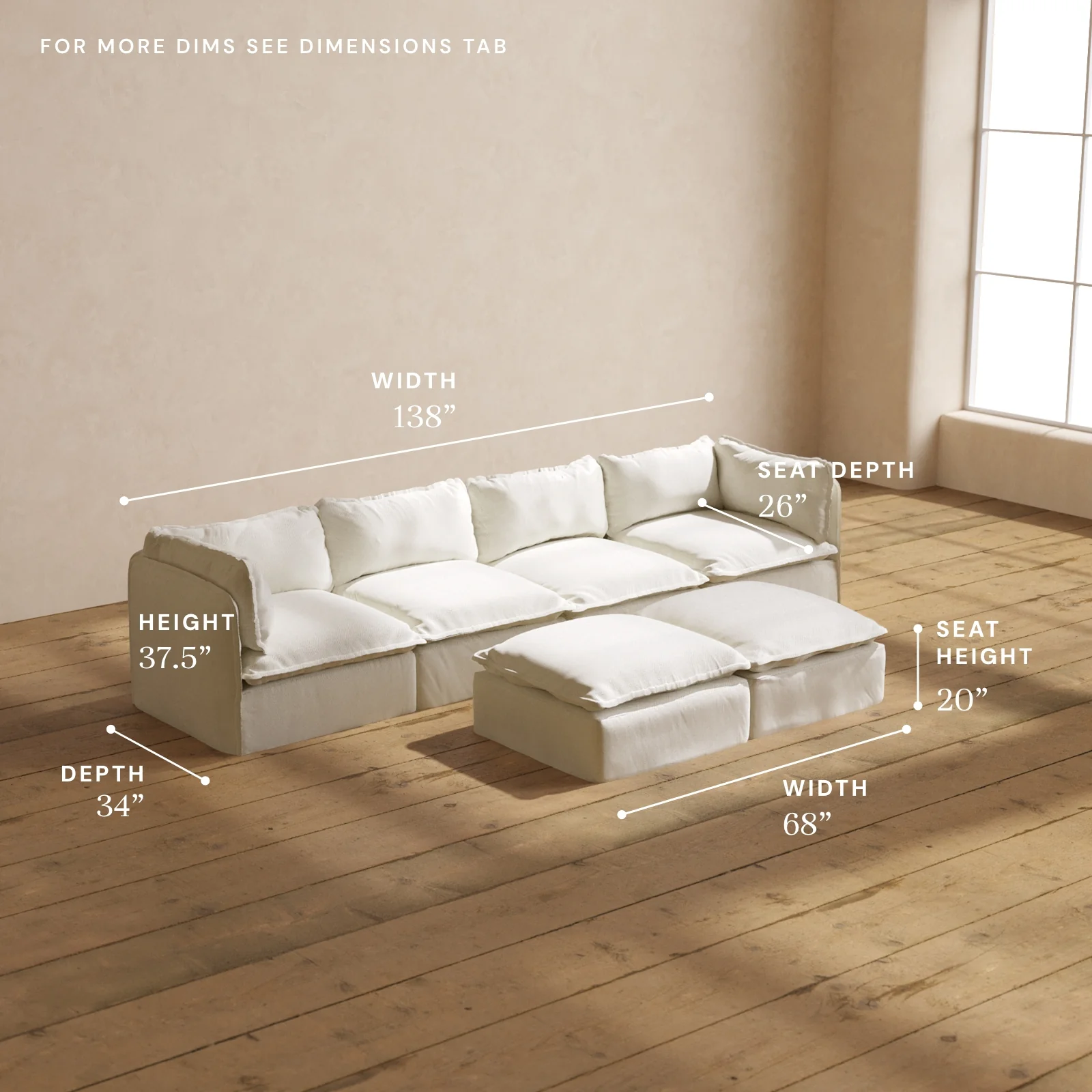 Modular Washable 4-Seater + Bench Ottoman in Eggshell | Memorix+ Seat | Contour Pillow - Image 5