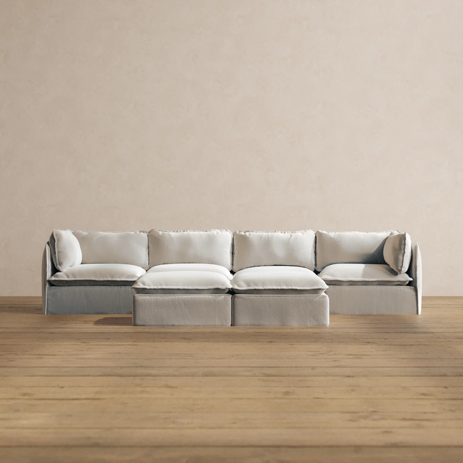 Modular Washable 4-Seater + Bench Ottoman in Milk | Deluxe+ Seat | Cloud Pillow
