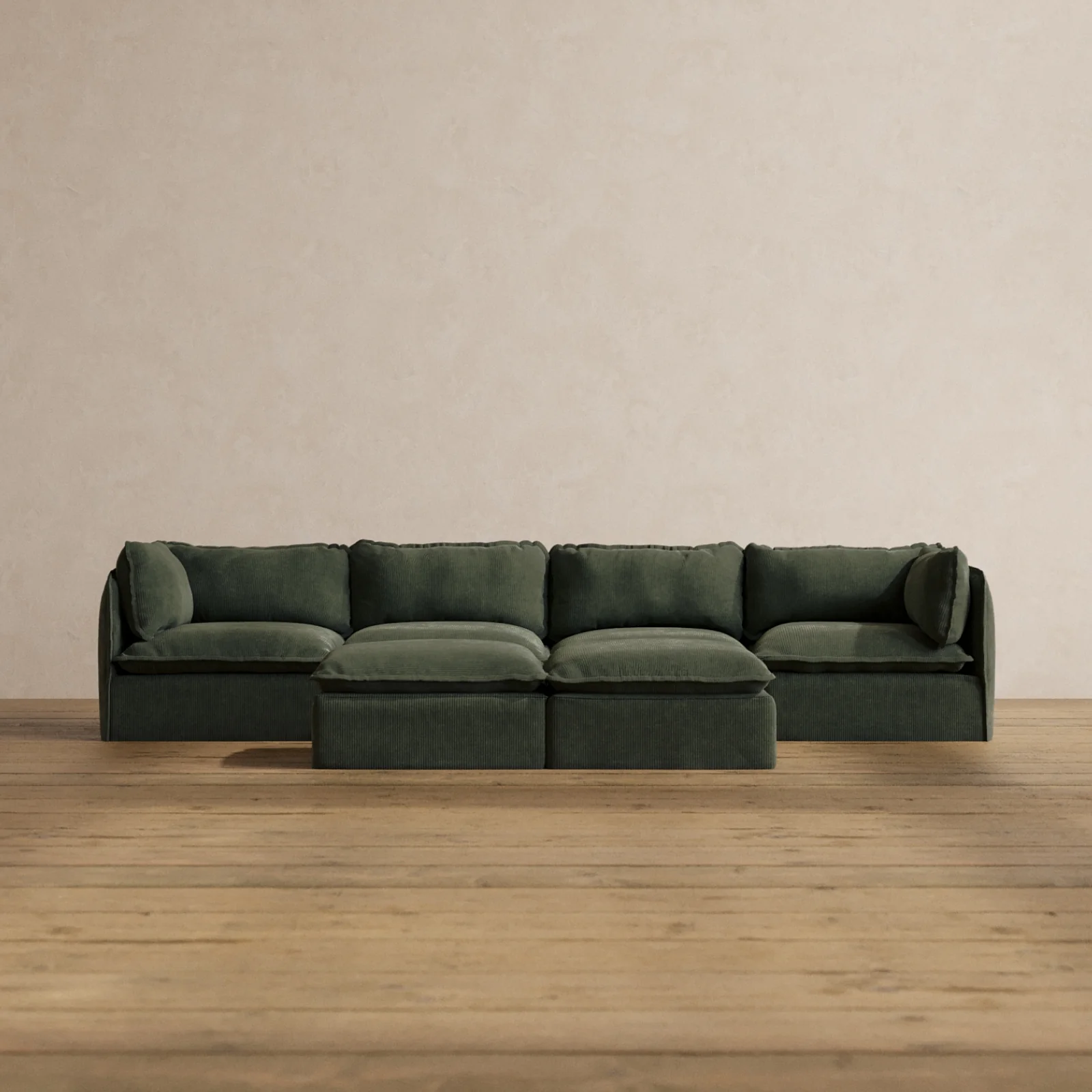 Modular Washable 4-Seater + Bench Ottoman in Olivine | Memorix+ Seat | Contour Pillow