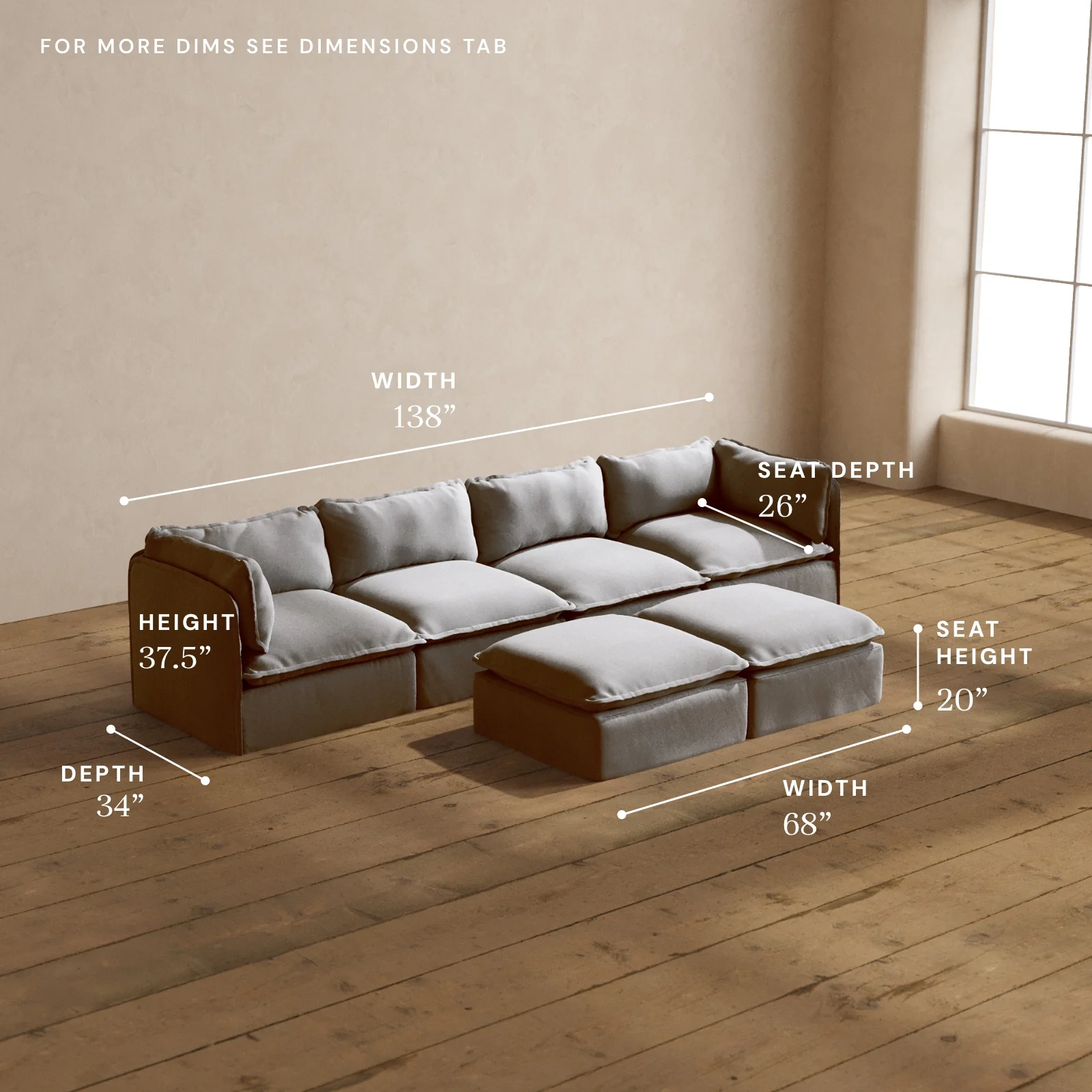 Modular Washable 4-Seater + Bench Ottoman in Pumice | Deluxe+ Seat | Cloud Pillow - Image 5