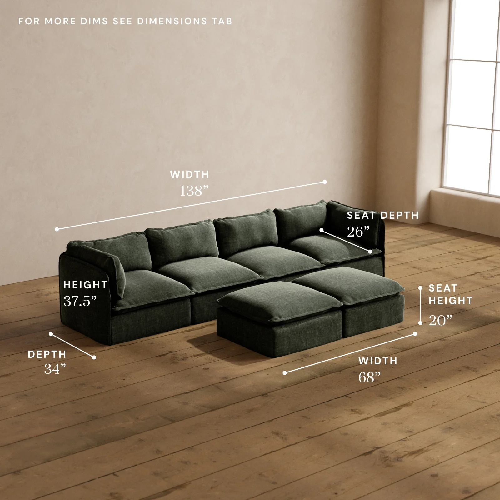 Modular Washable 4-Seater + Bench Ottoman in Willow | Deluxe+ Seat | Cloud Pillow - Image 5