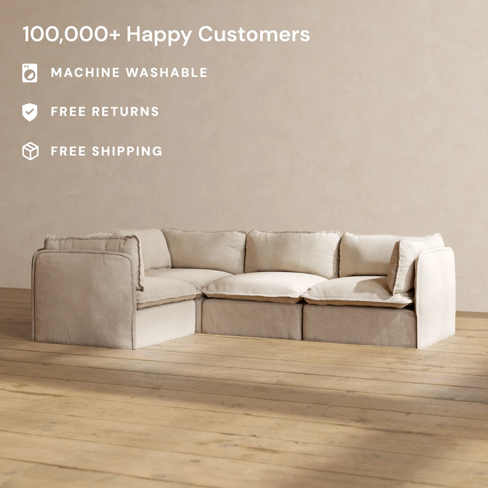 Modular Washable 4-Seater Corner Sectional in Oat | Deluxe+ Seat | Cloud Pillow - Image 2