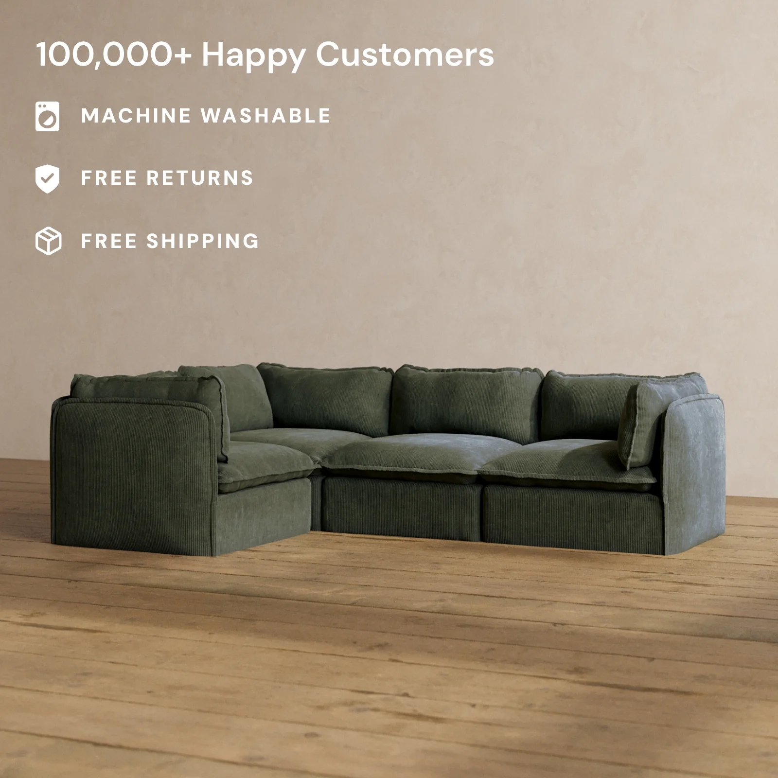 Modular Washable 4-Seater Corner Sectional in Olivine | Deluxe+ Seat | Cloud Pillow - Image 2