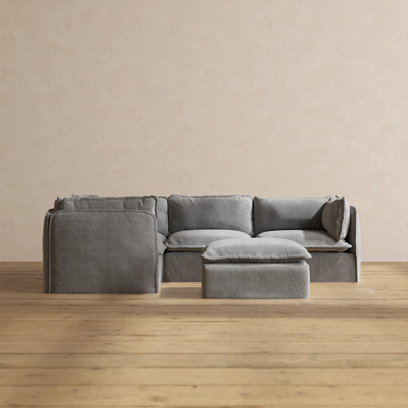 Modular Washable 4-Seater Corner Sectional + Ottoman in Ash | Memorix+ Seat | Contour Pillow