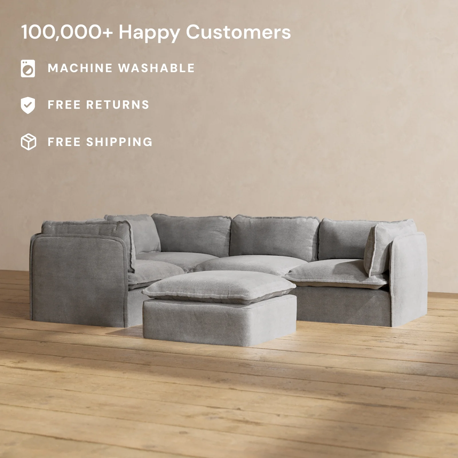 Modular Washable 4-Seater Corner Sectional + Ottoman in Ash | Memorix+ Seat | Contour Pillow - Image 2