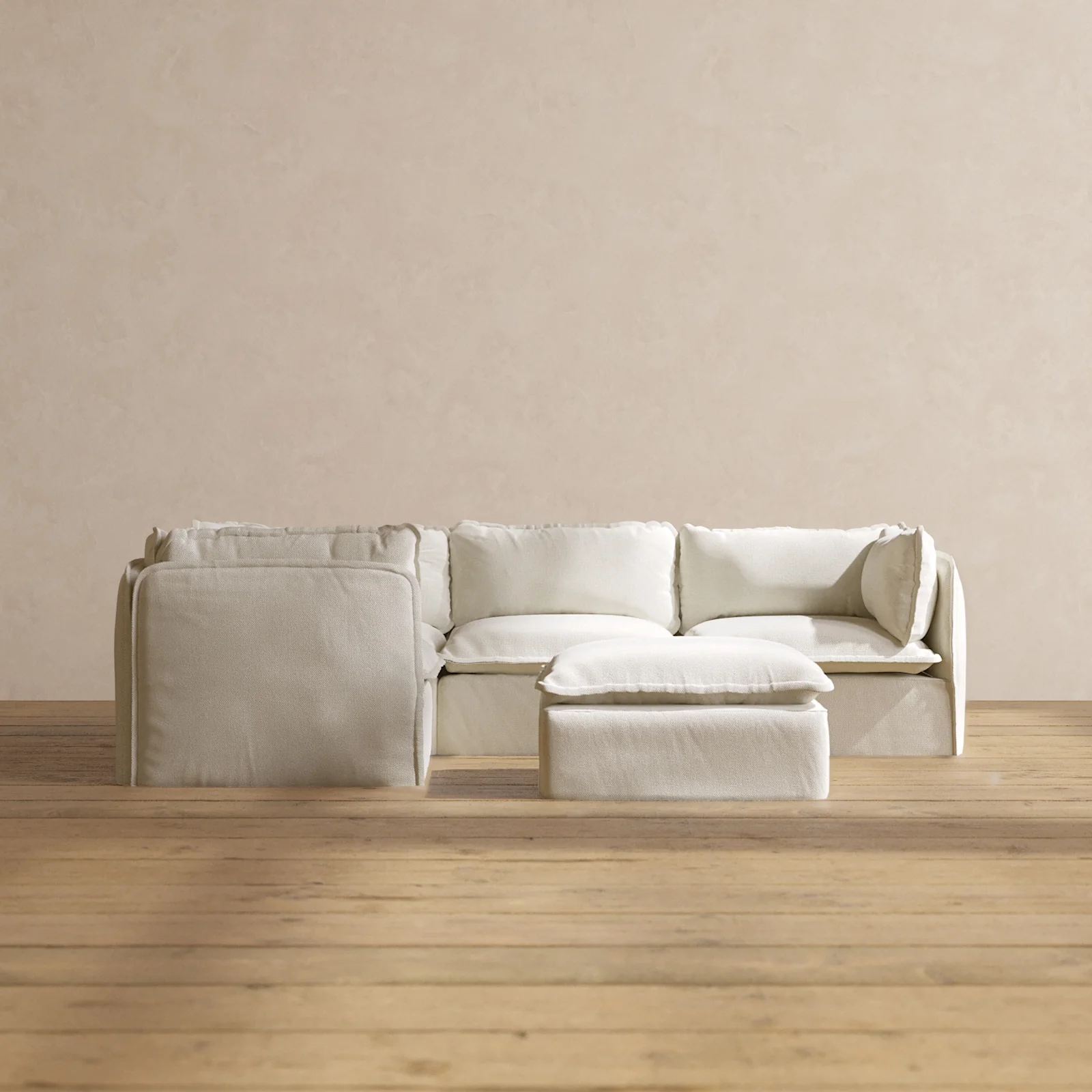 Modular Washable 4-Seater Corner Sectional + Ottoman in Eggshell | Memorix+ Seat | Contour Pillow
