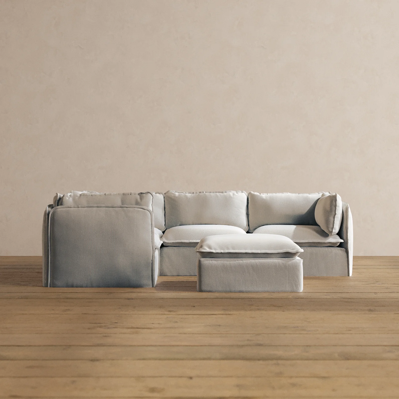 Modular Washable 4-Seater Corner Sectional + Ottoman in Milk | Memorix+ Seat | Contour Pillow