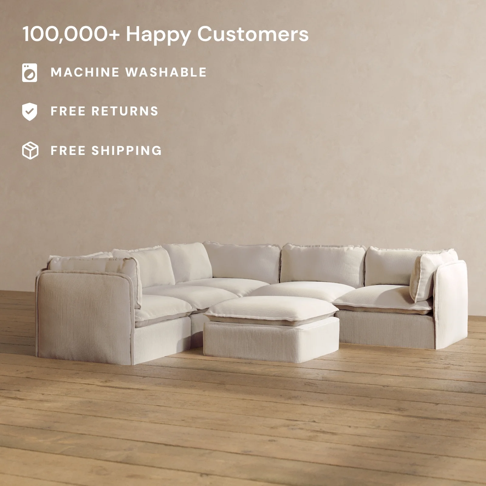 Modular Washable 4-Seater Corner Sectional + Ottoman in Milk | Memorix+ Seat | Contour Pillow - Image 2