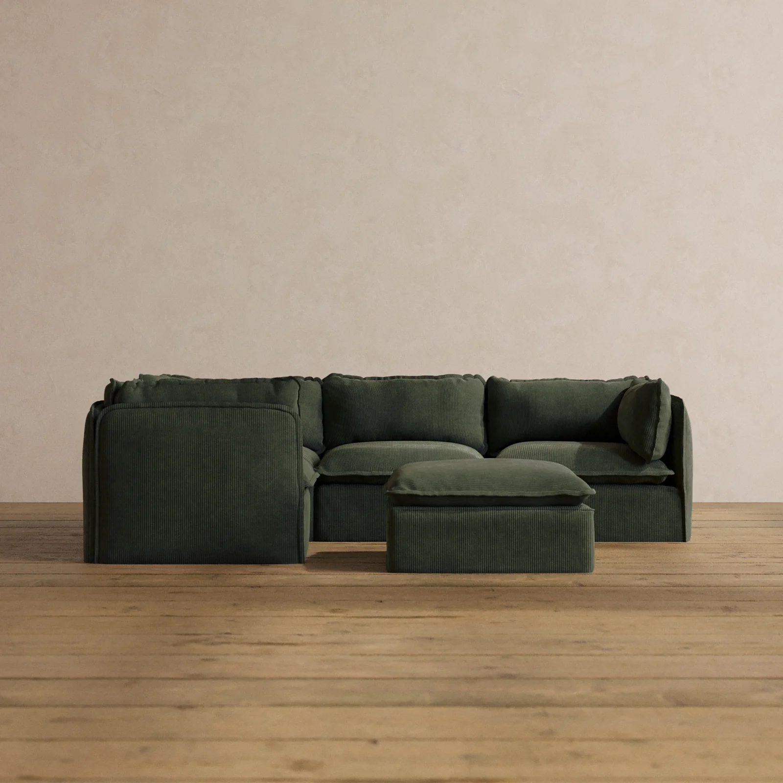 Modular Washable 4-Seater Corner Sectional + Ottoman in Olivine | Memorix+ Seat | Contour Pillow