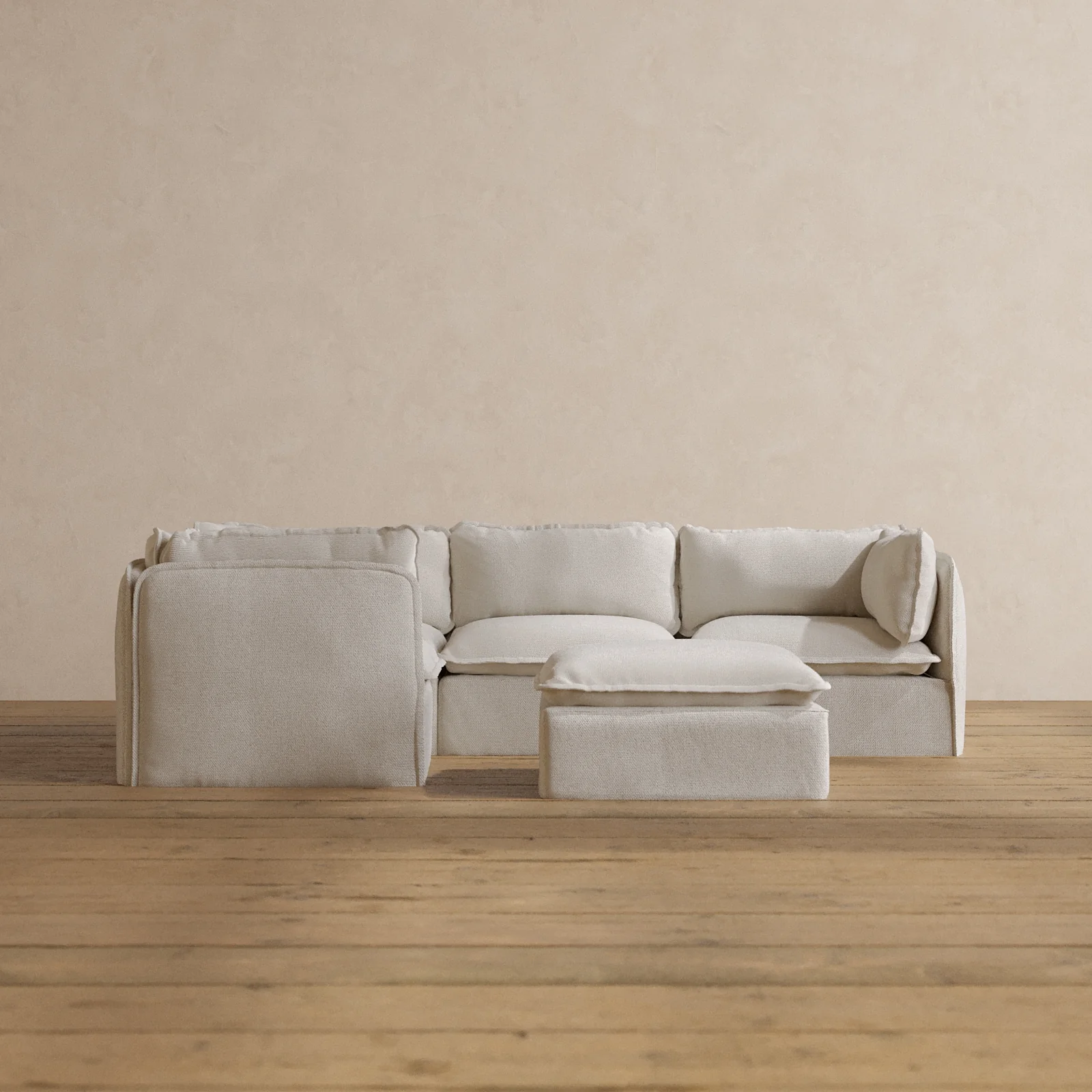 Modular Washable 4-Seater Corner Sectional + Ottoman in Powder | Memorix+ Seat | Contour Pillow