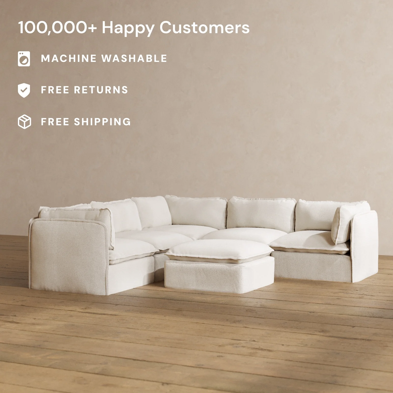 Modular Washable 4-Seater Corner Sectional + Ottoman in Powder | Memorix+ Seat | Contour Pillow - Image 2