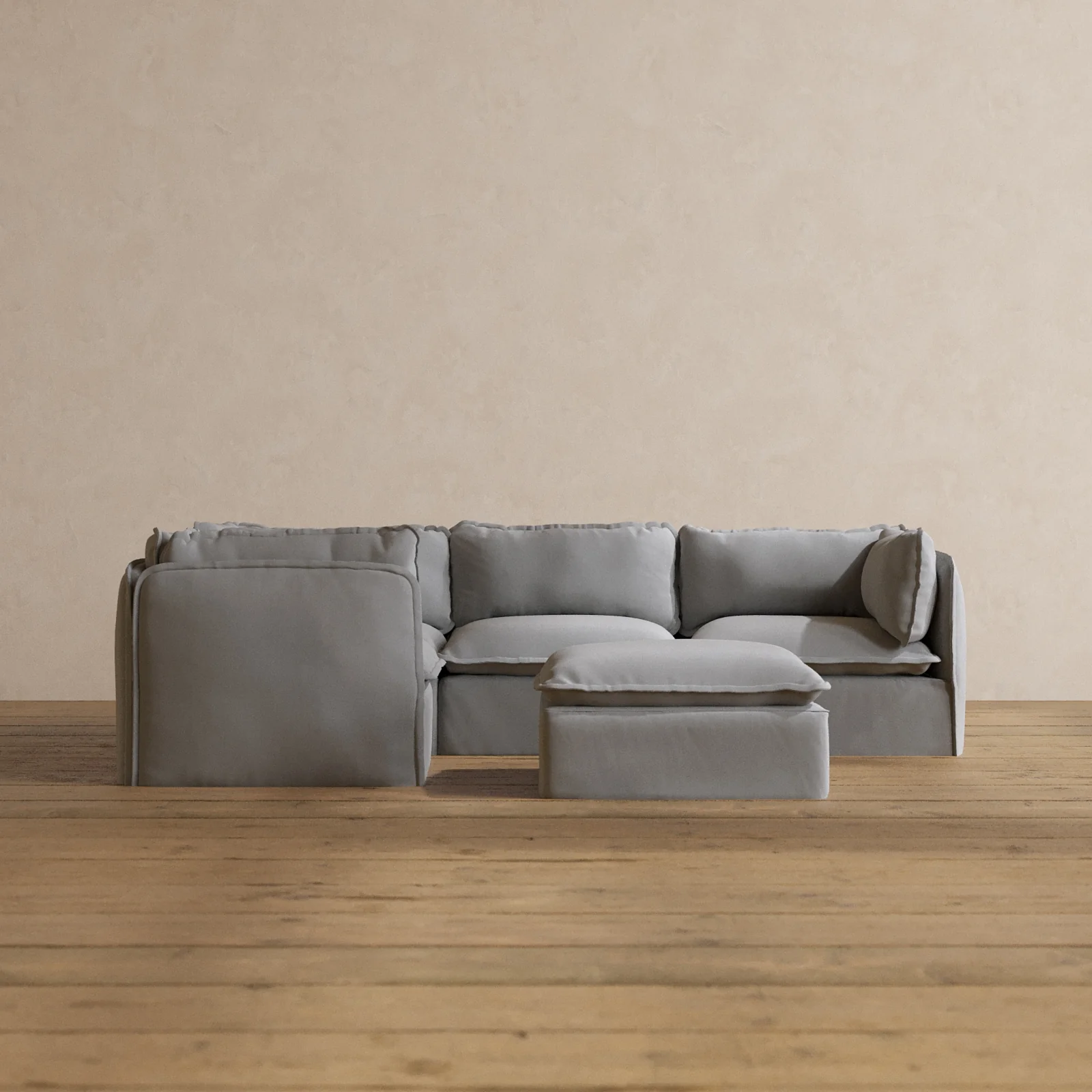 Modular Washable 4-Seater Corner Sectional + Ottoman in Pumice | Deluxe+ Seat | Cloud Pillow