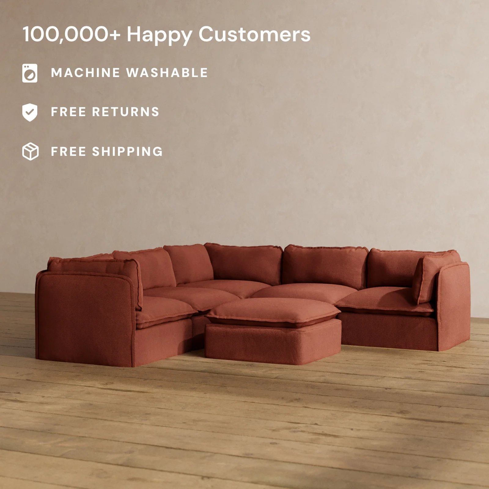 Modular Washable 4-Seater Corner Sectional + Ottoman in Rust | Memorix+ Seat | Contour Pillow - Image 2