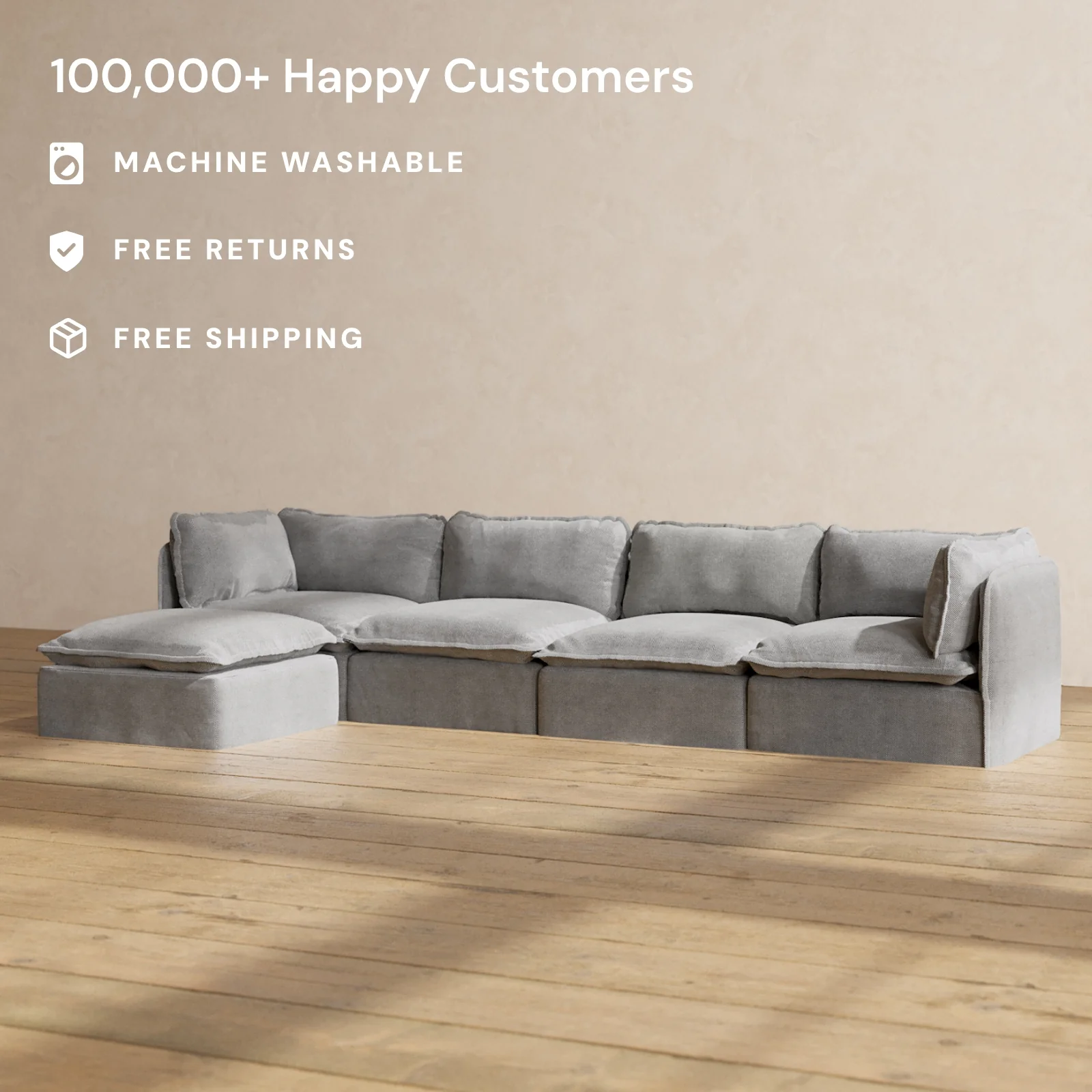 Modular Washable 4-Seater Sectional in Ash | Deluxe+ Seat | Cloud Pillow - Image 2