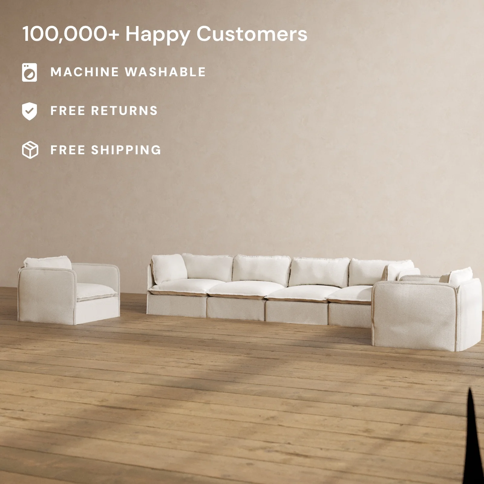 Modular Washable 4-Seater Sofa + Armchair Set in Powder | Deluxe+ Seat | Cloud Pillow - Image 2