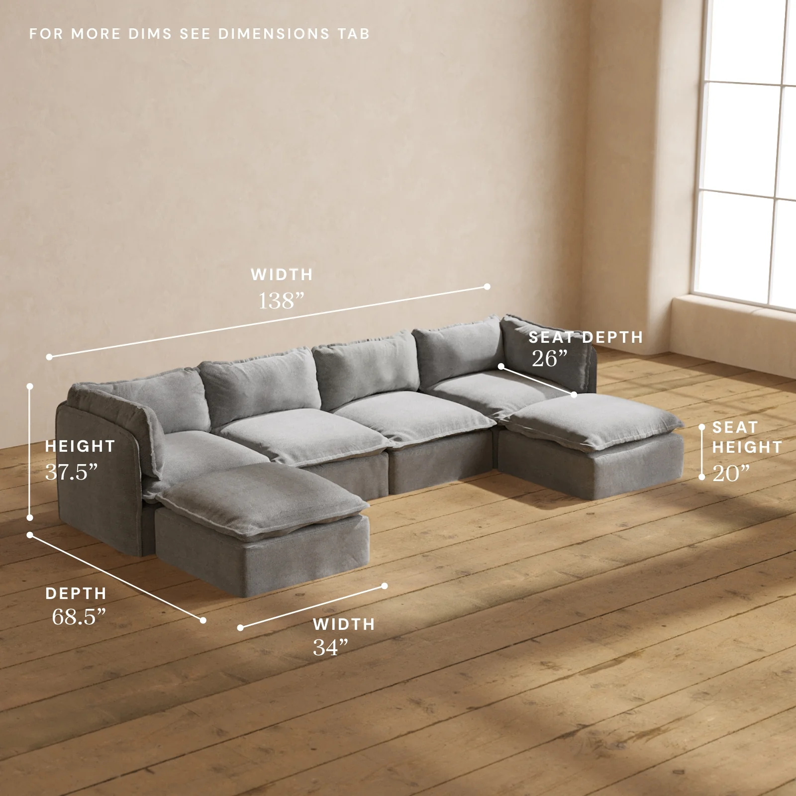 Modular Washable 4-Seater U-Sectional in Ash | Memorix+ Seat | Contour Pillow - Image 5