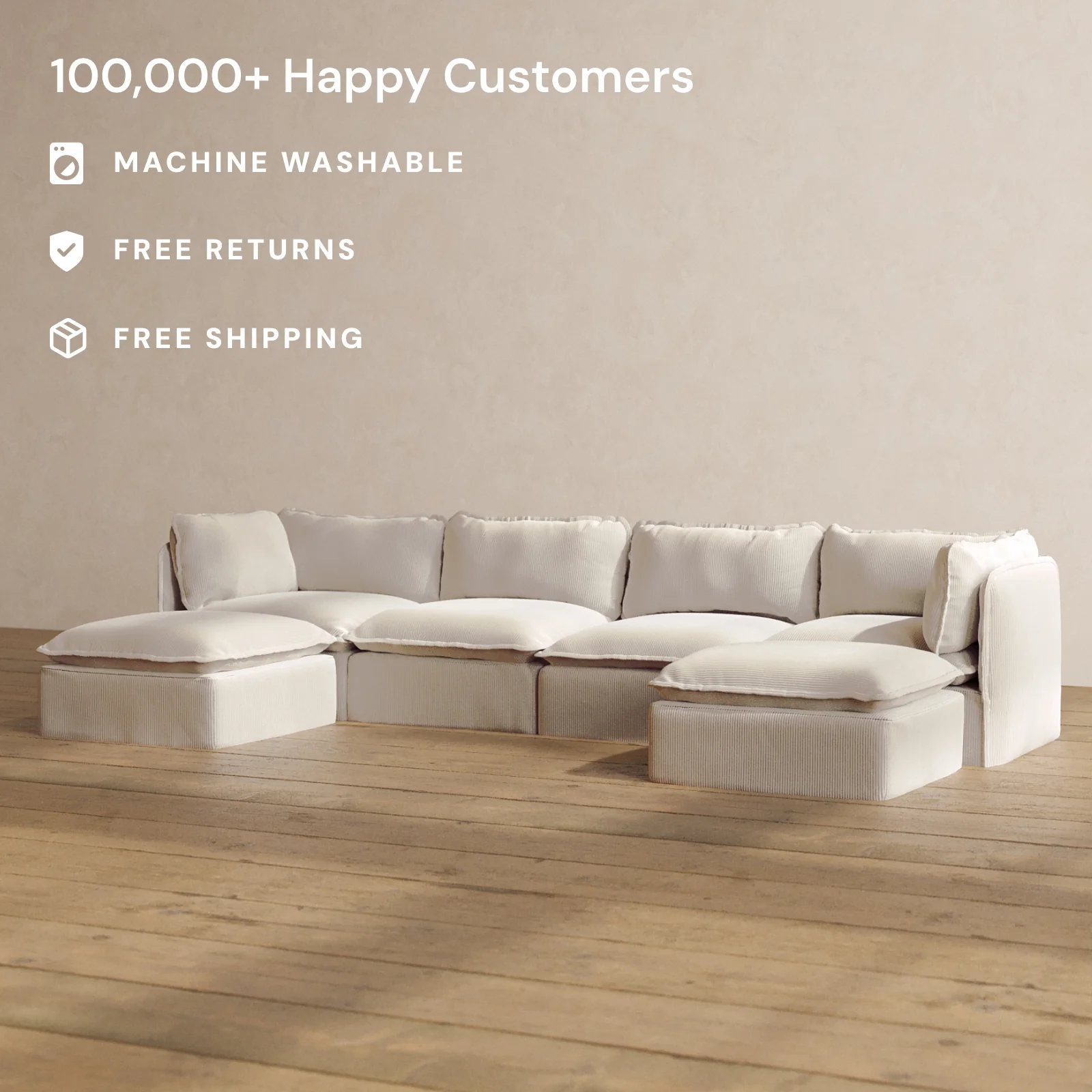 Modular Washable 4-Seater U-Sectional in Milk | Deluxe+ Seat | Cloud Pillow - Image 2