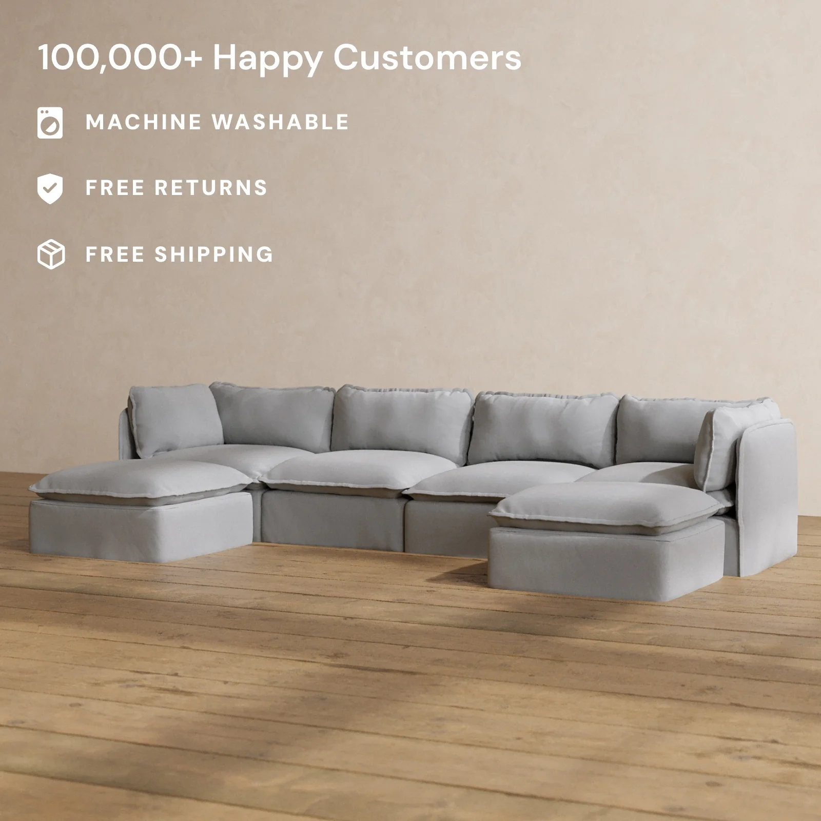 Modular Washable 4-Seater U-Sectional in Pumice | Deluxe+ Seat | Cloud Pillow - Image 2