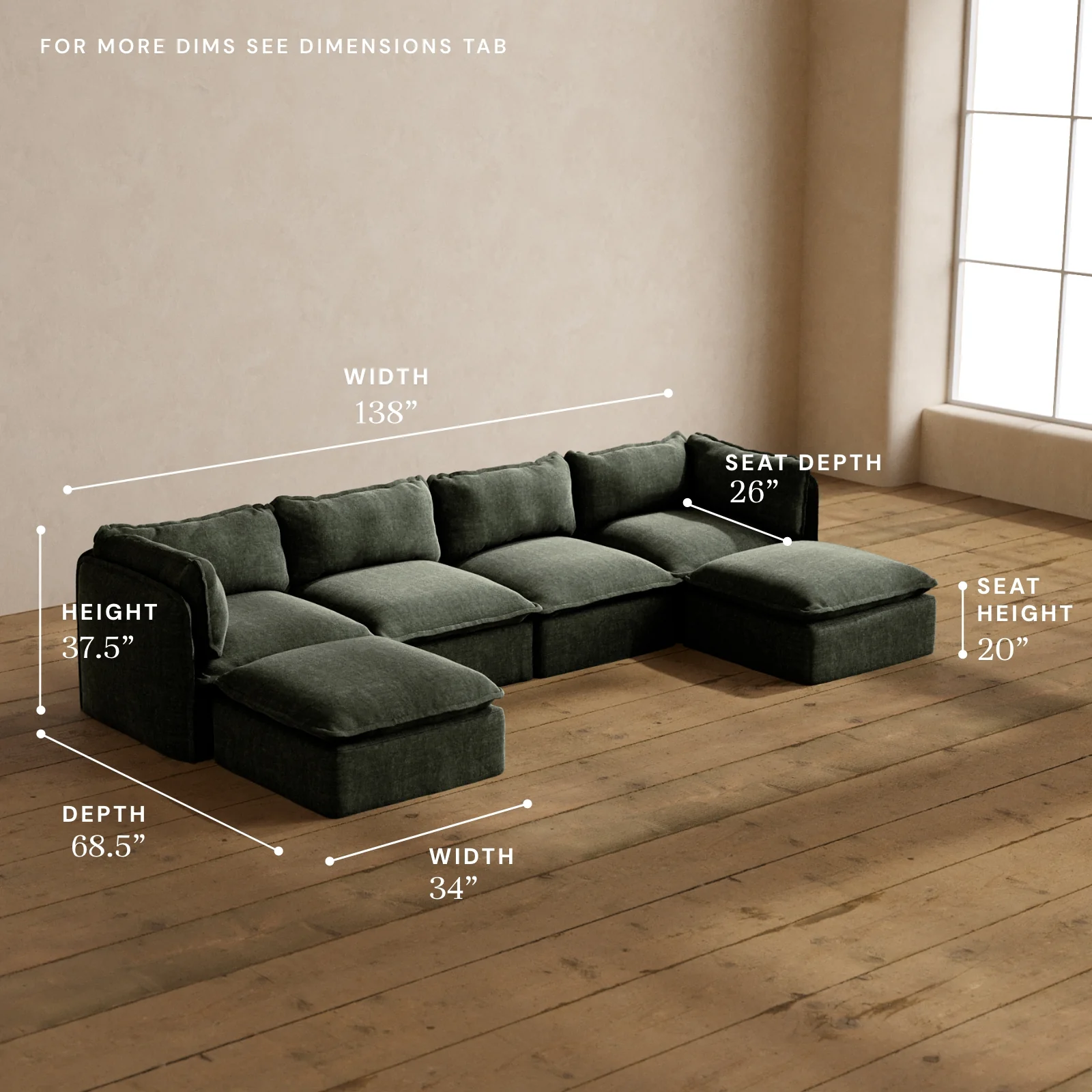 Modular Washable 4-Seater U-Sectional in Willow | Memorix+ Seat | Contour Pillow - Image 5
