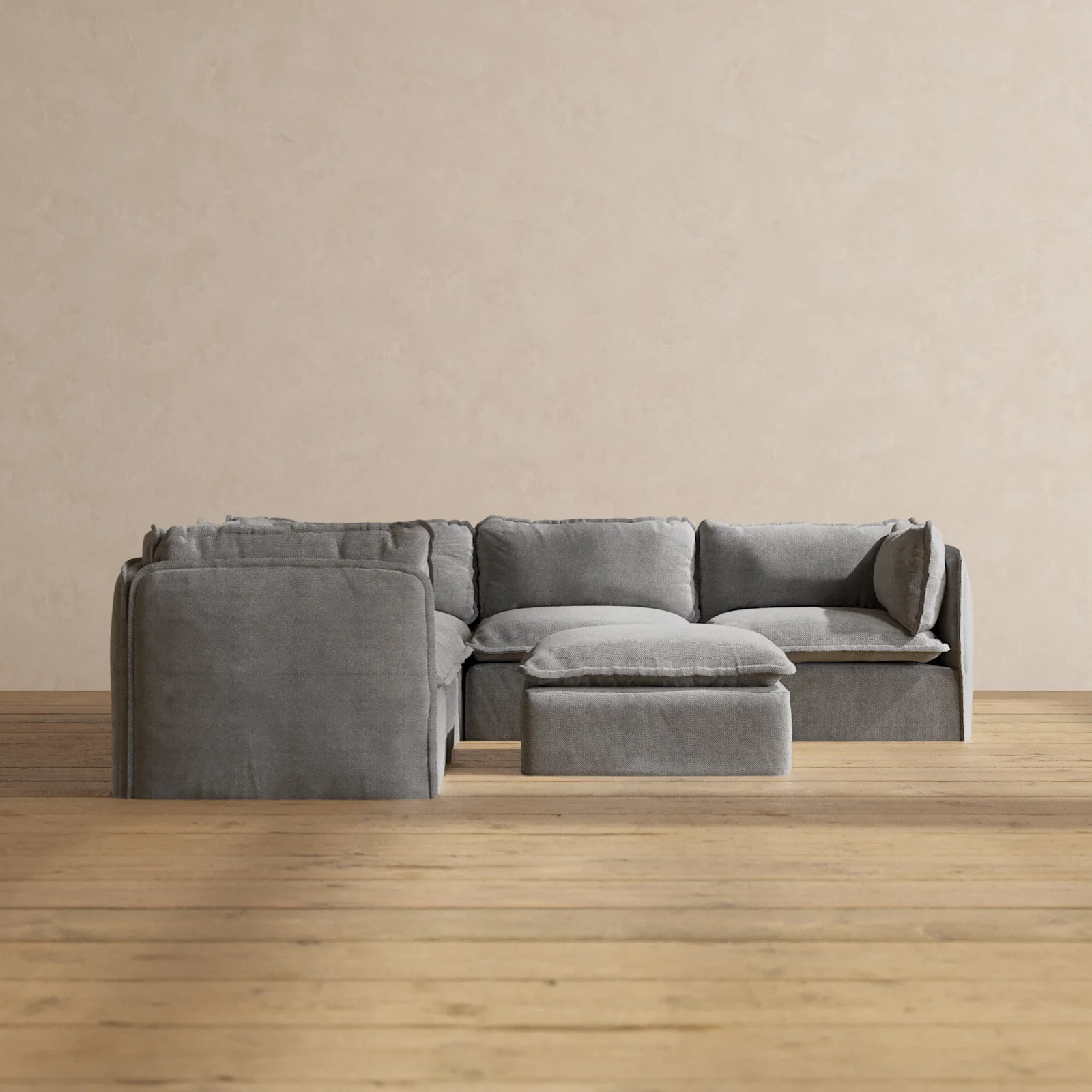 Modular Washable 5-Seater Corner Sectional + Ottoman in Ash | Deluxe+ Seat | Cloud Pillow